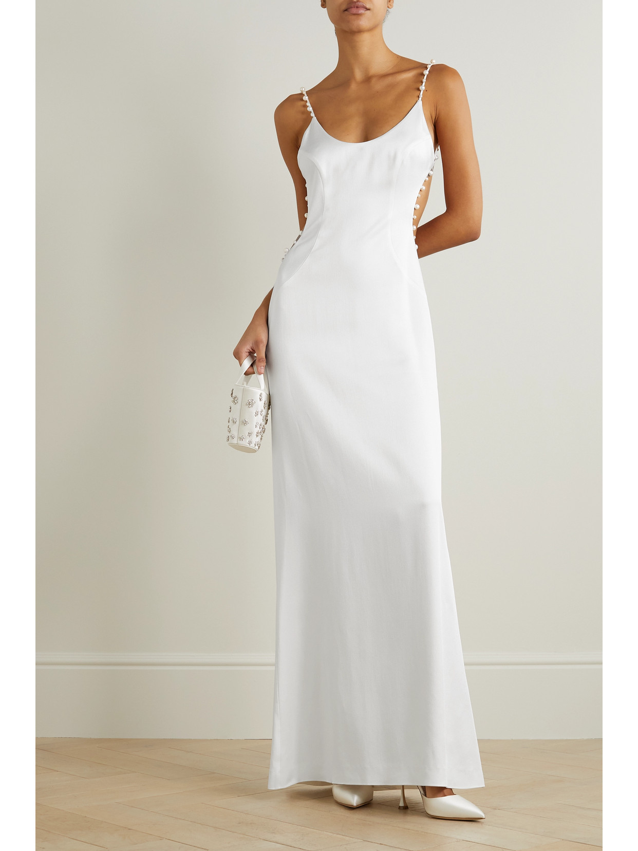 Shop Galvan Cove Open-back Pearl-embellished Satin Maxi Dress In White