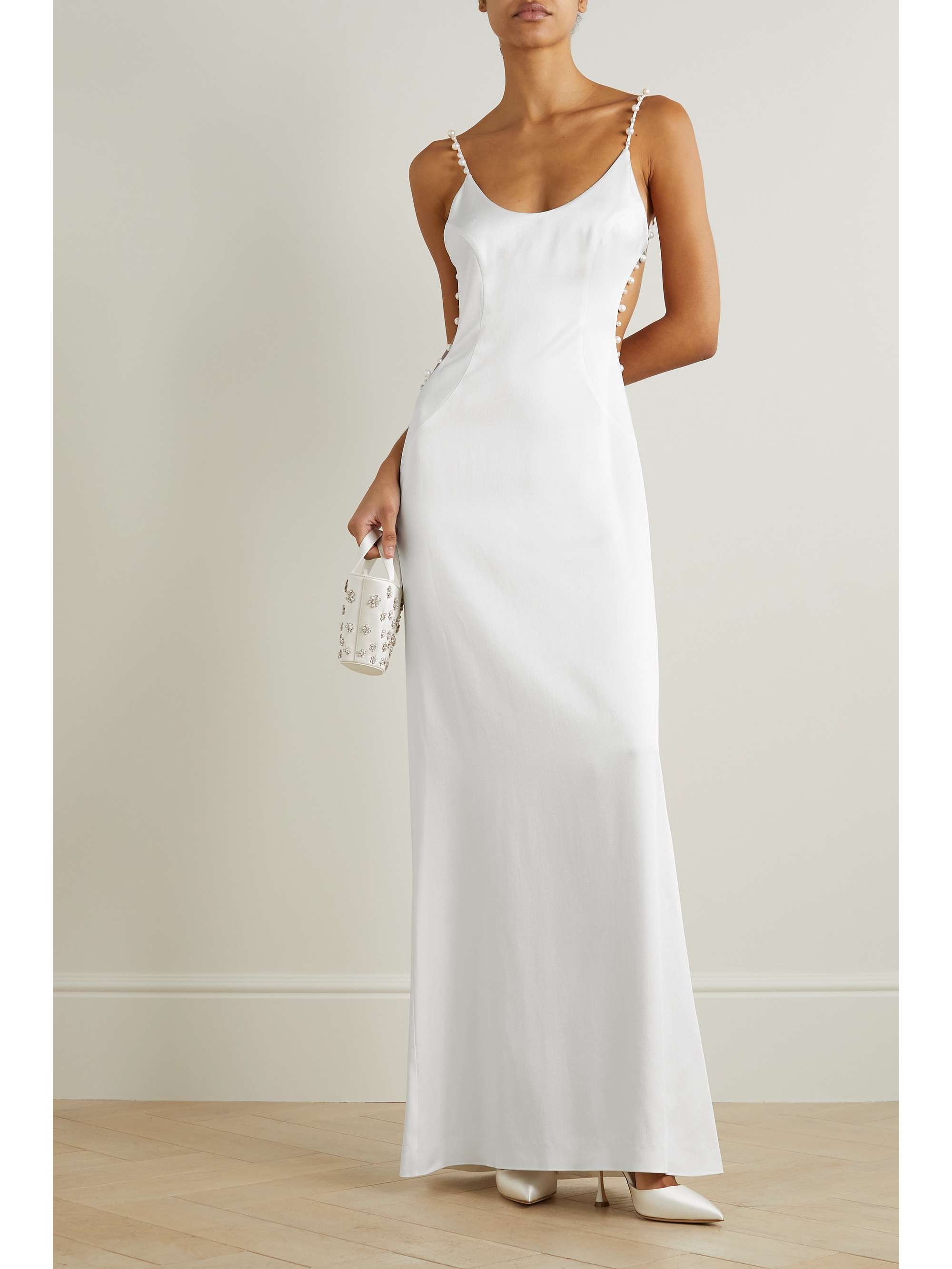 GALVAN Cove open-back pearl-embellished satin maxi dress