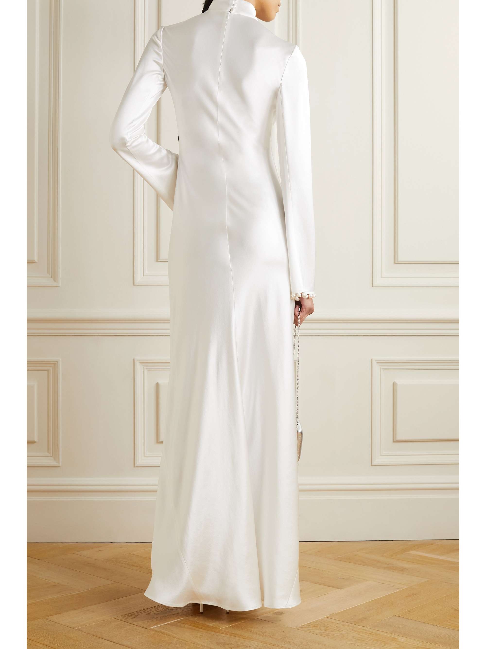 GALVAN Praiano faux pearl-embellished silk-satin maxi dress