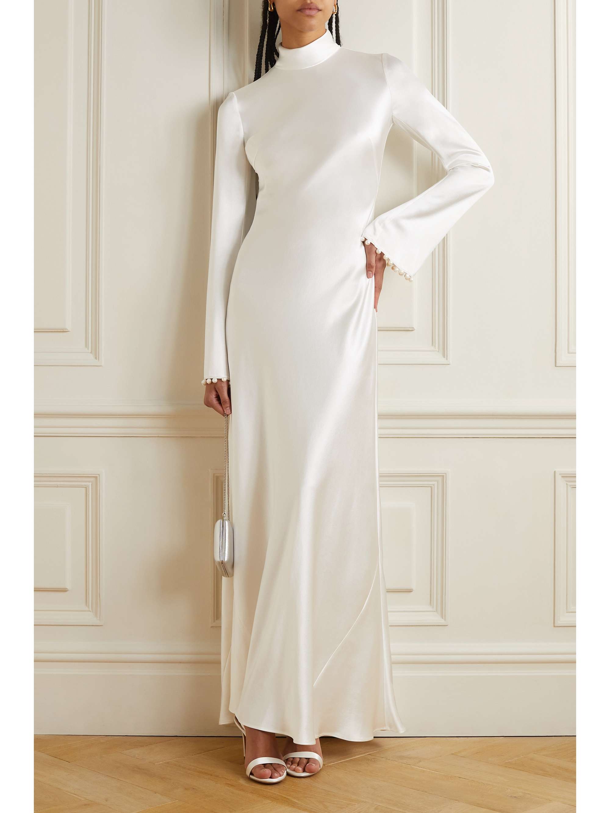 GALVAN Praiano faux pearl-embellished silk-satin maxi dress