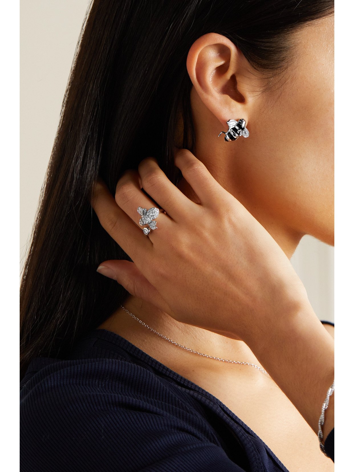 Sabbadini Baby Bee 18-karat White Gold, Lacquer And Diamond Earrings In White Gold