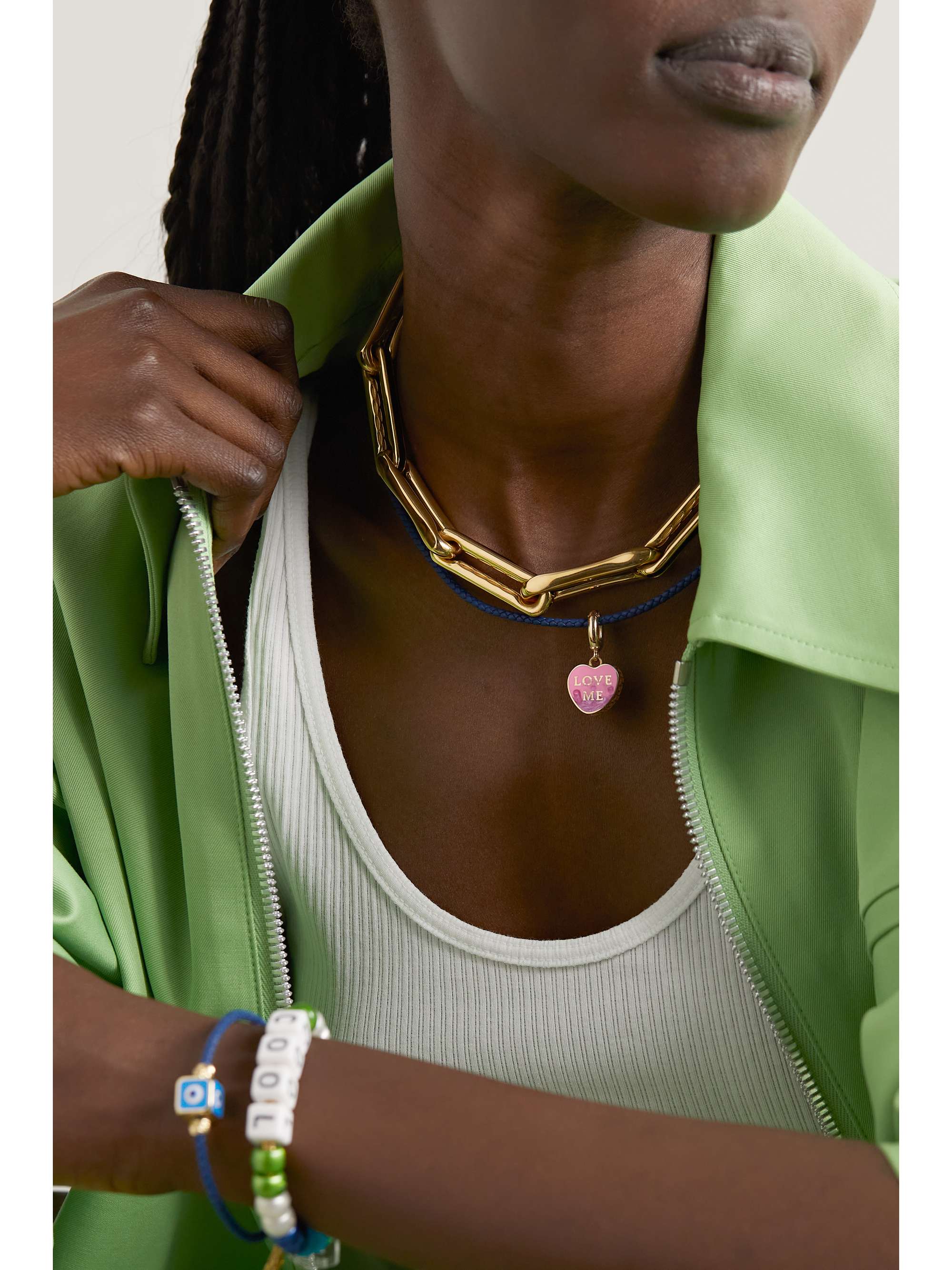 LAUREN RUBINSKI Love Me 14-karat gold, enamel and leather necklace