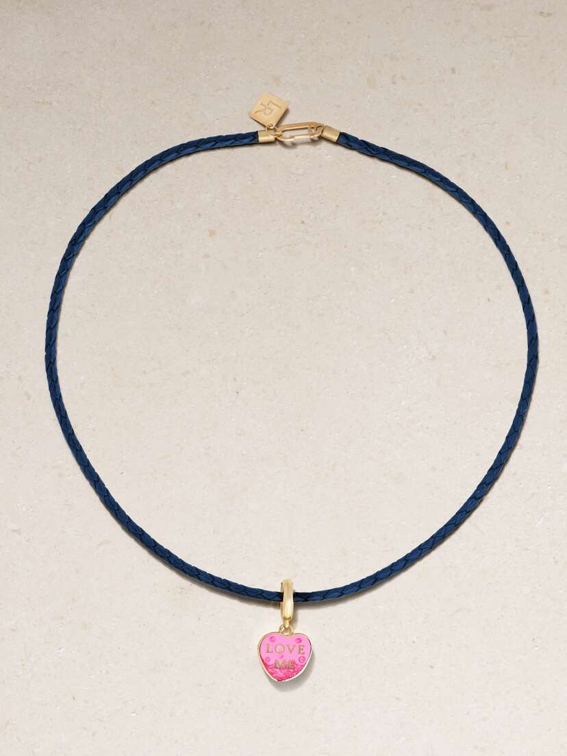 Lauren Rubinski Love Me 14-karat Gold, Enamel And Leather Necklace