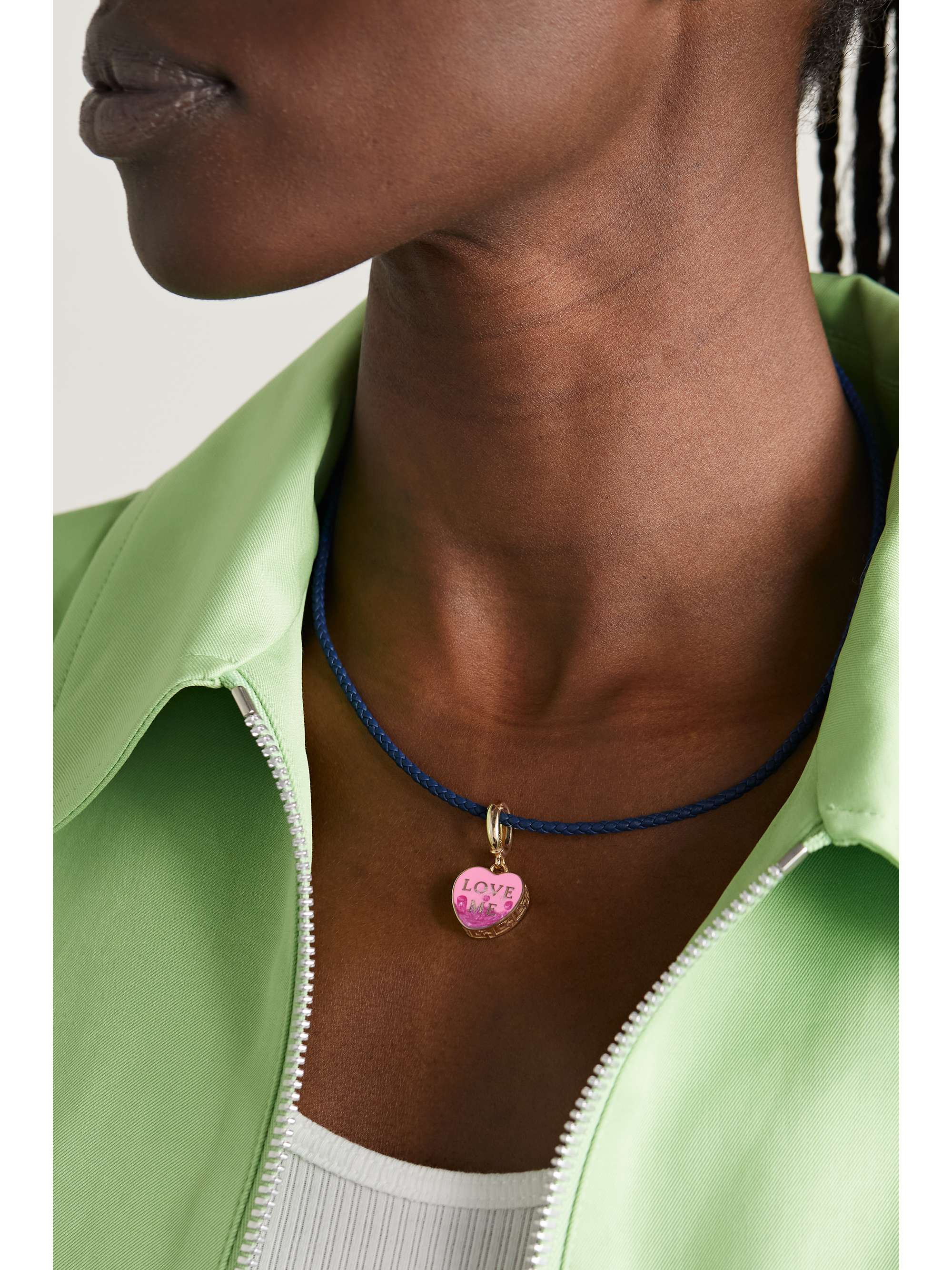 LAUREN RUBINSKI Love Me 14-karat gold, enamel and leather necklace