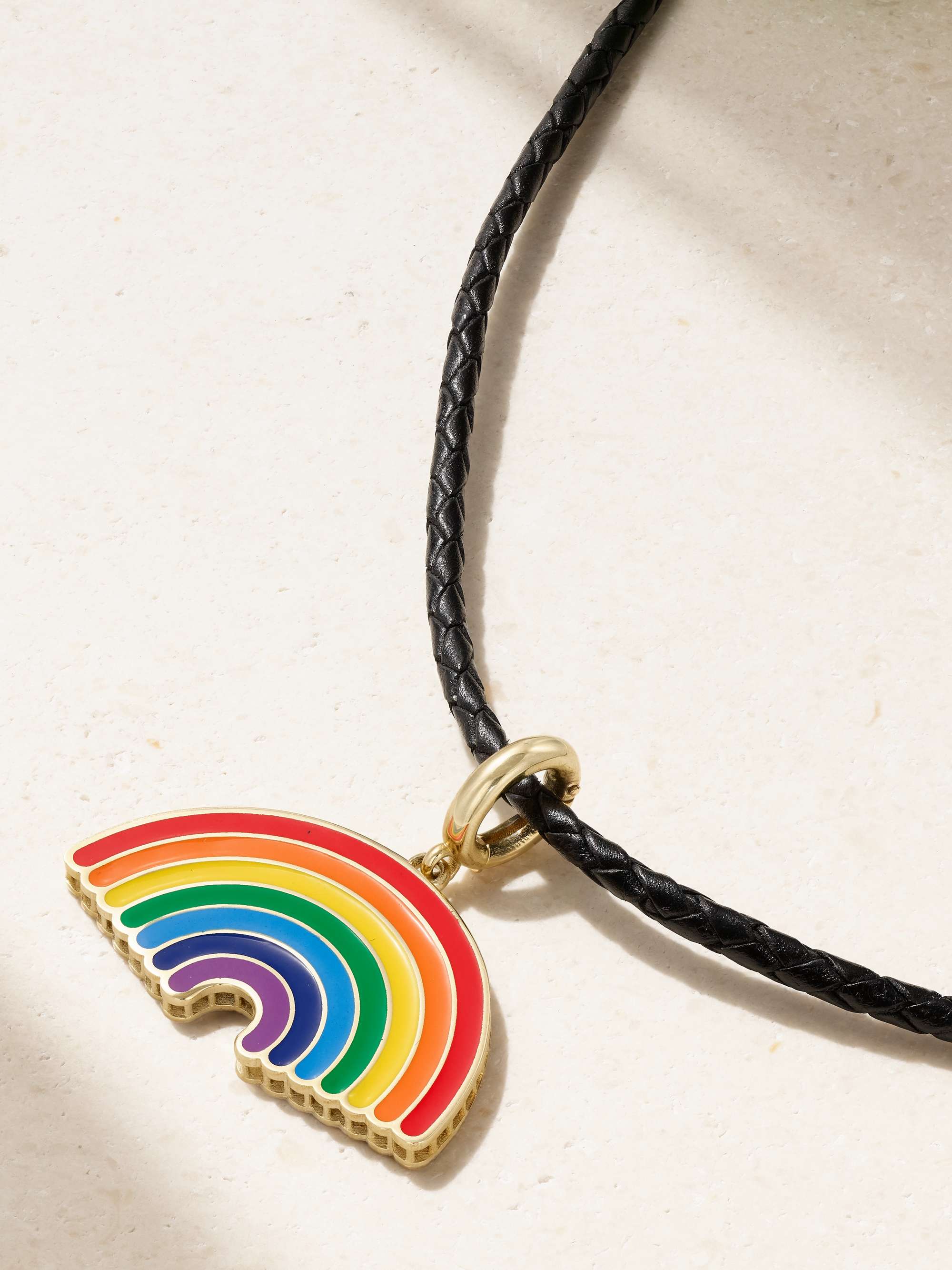 LAUREN RUBINSKI Rainbow 14-karat gold, enamel and leather necklace