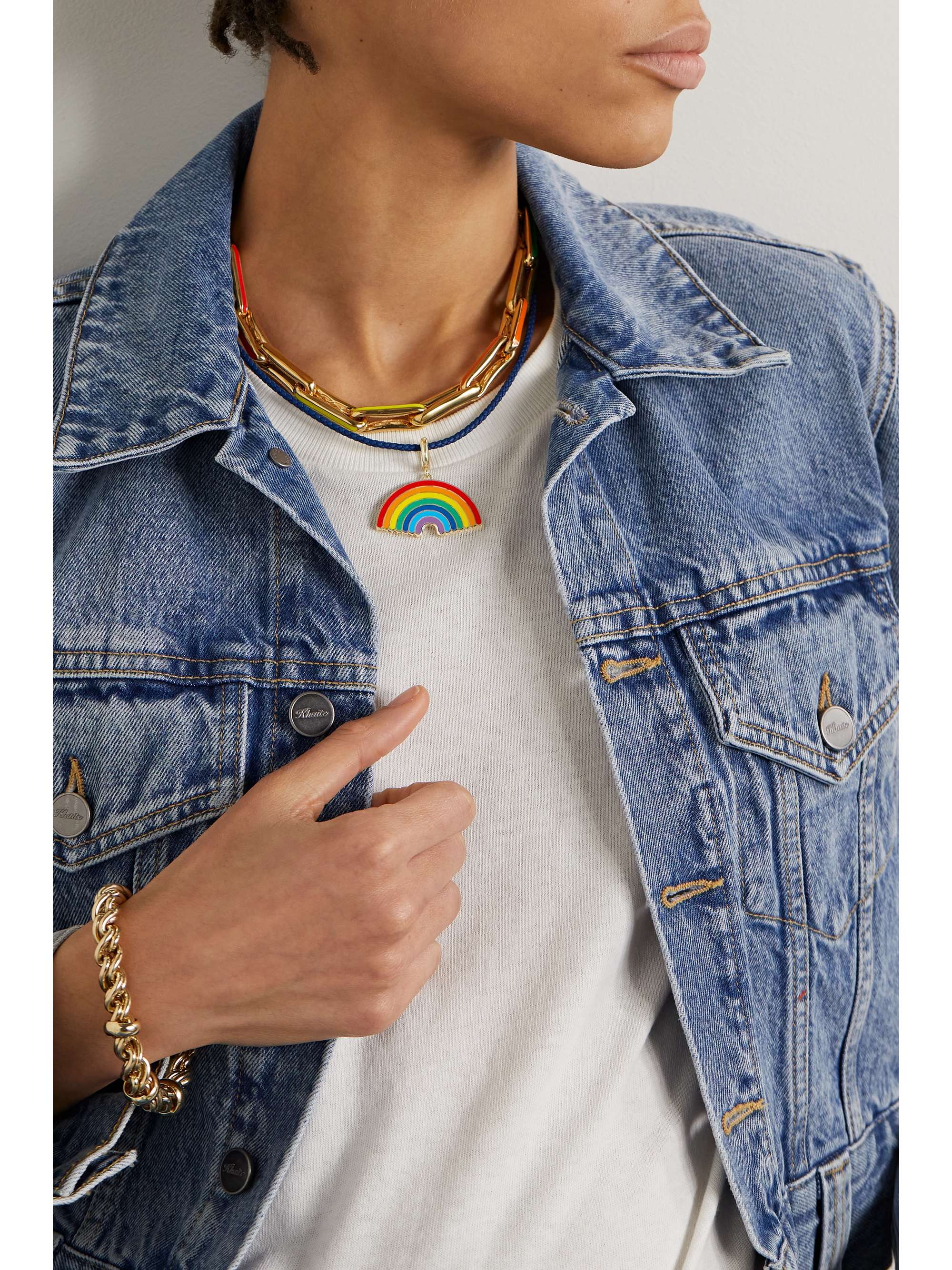 LAUREN RUBINSKI Rainbow 14-karat gold, enamel and leather necklace
