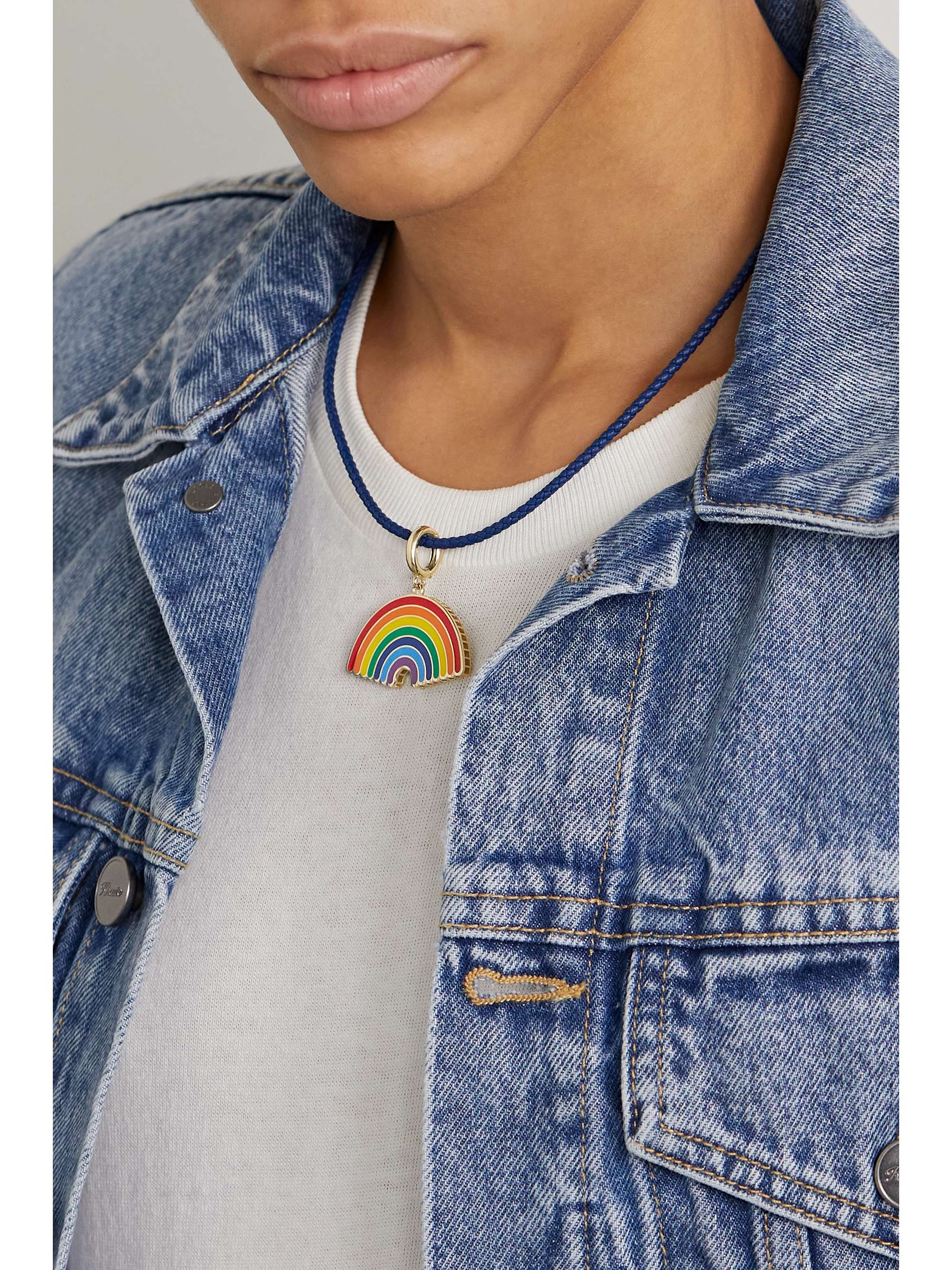 LAUREN RUBINSKI Rainbow 14-karat gold, enamel and leather necklace