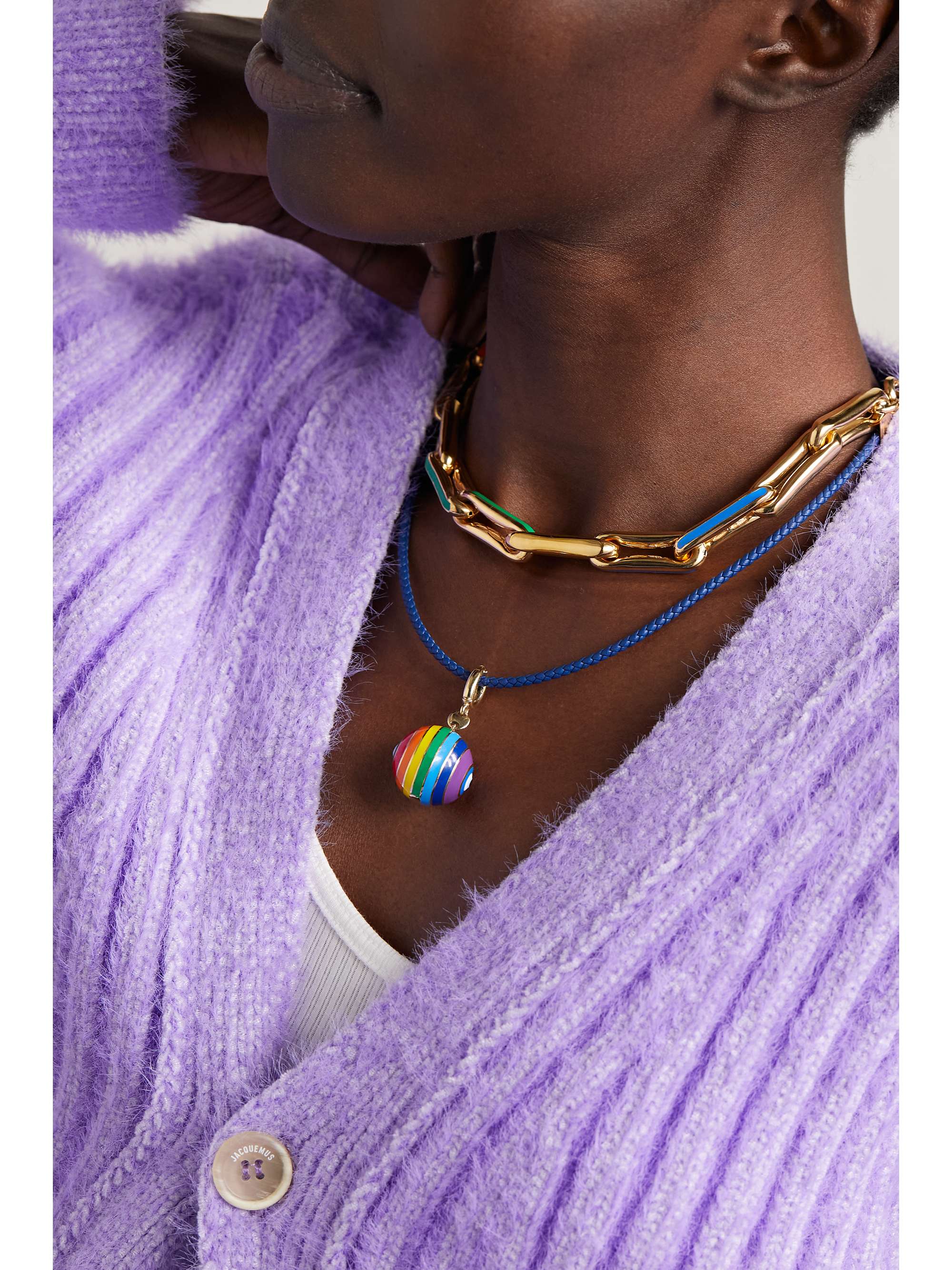 LAUREN RUBINSKI 14-karat gold, enamel and leather necklace