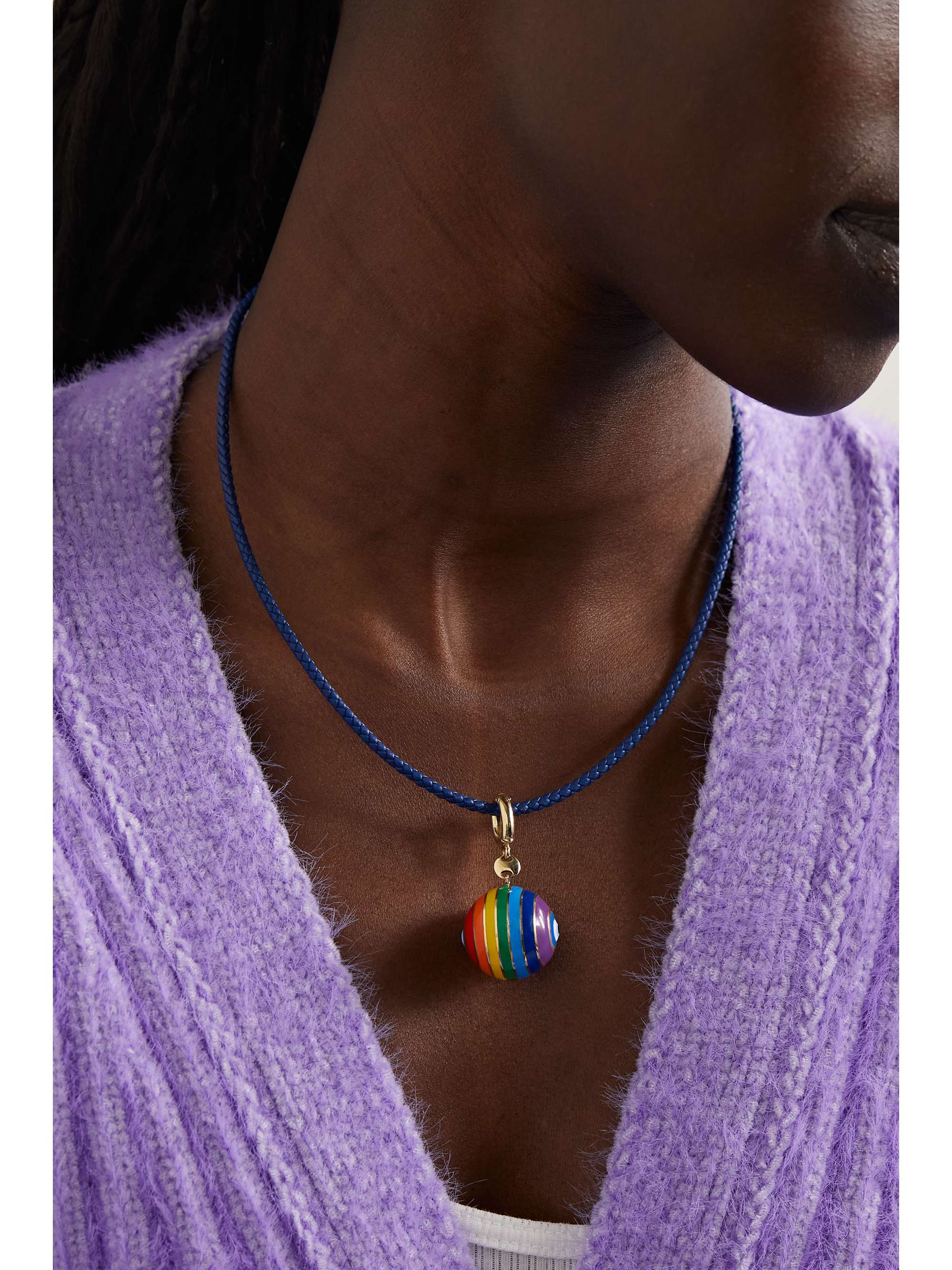LAUREN RUBINSKI 14-karat gold, enamel and leather necklace
