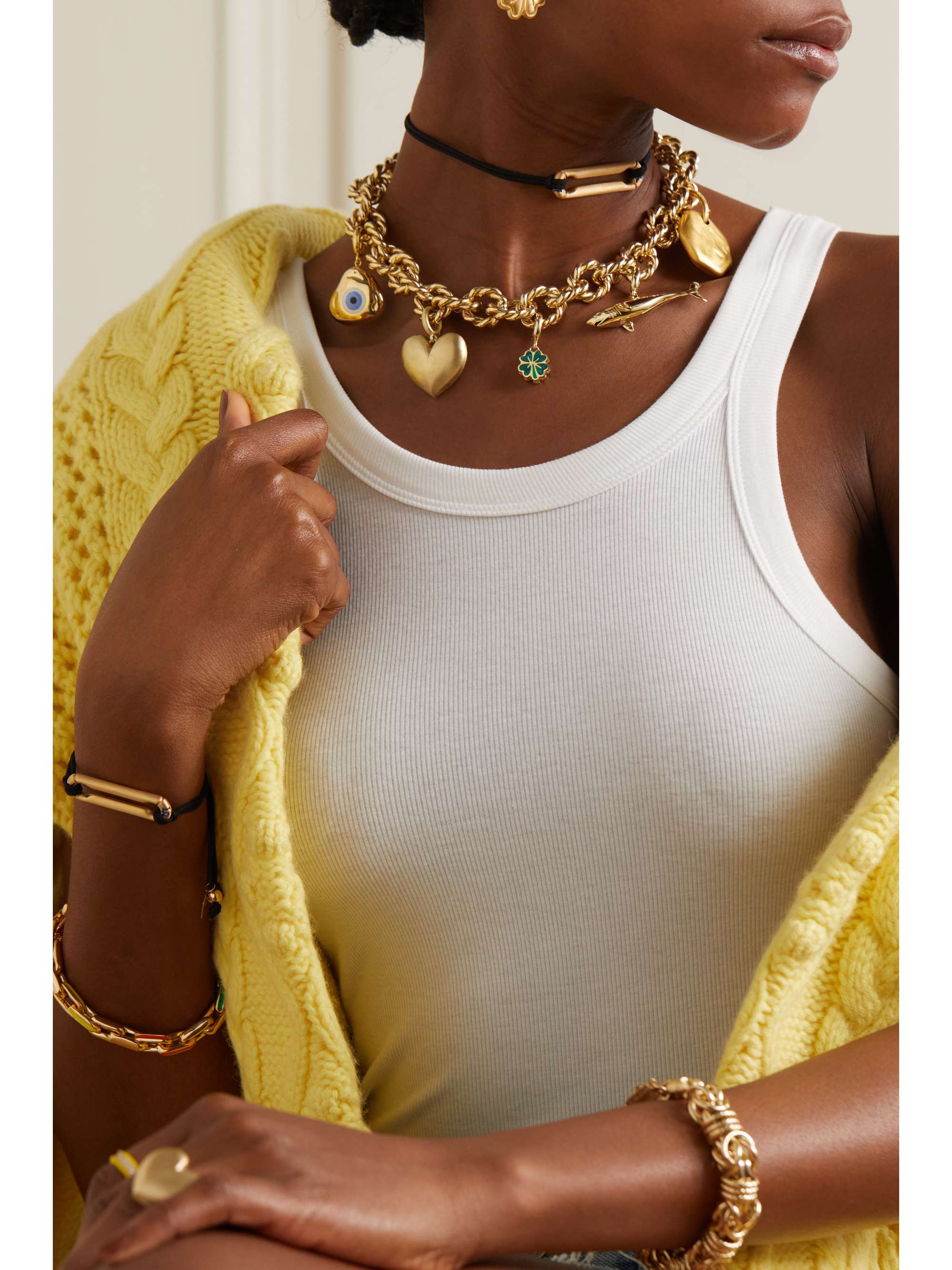 LAUREN RUBINSKI 14-karat gold, enamel and leather necklace