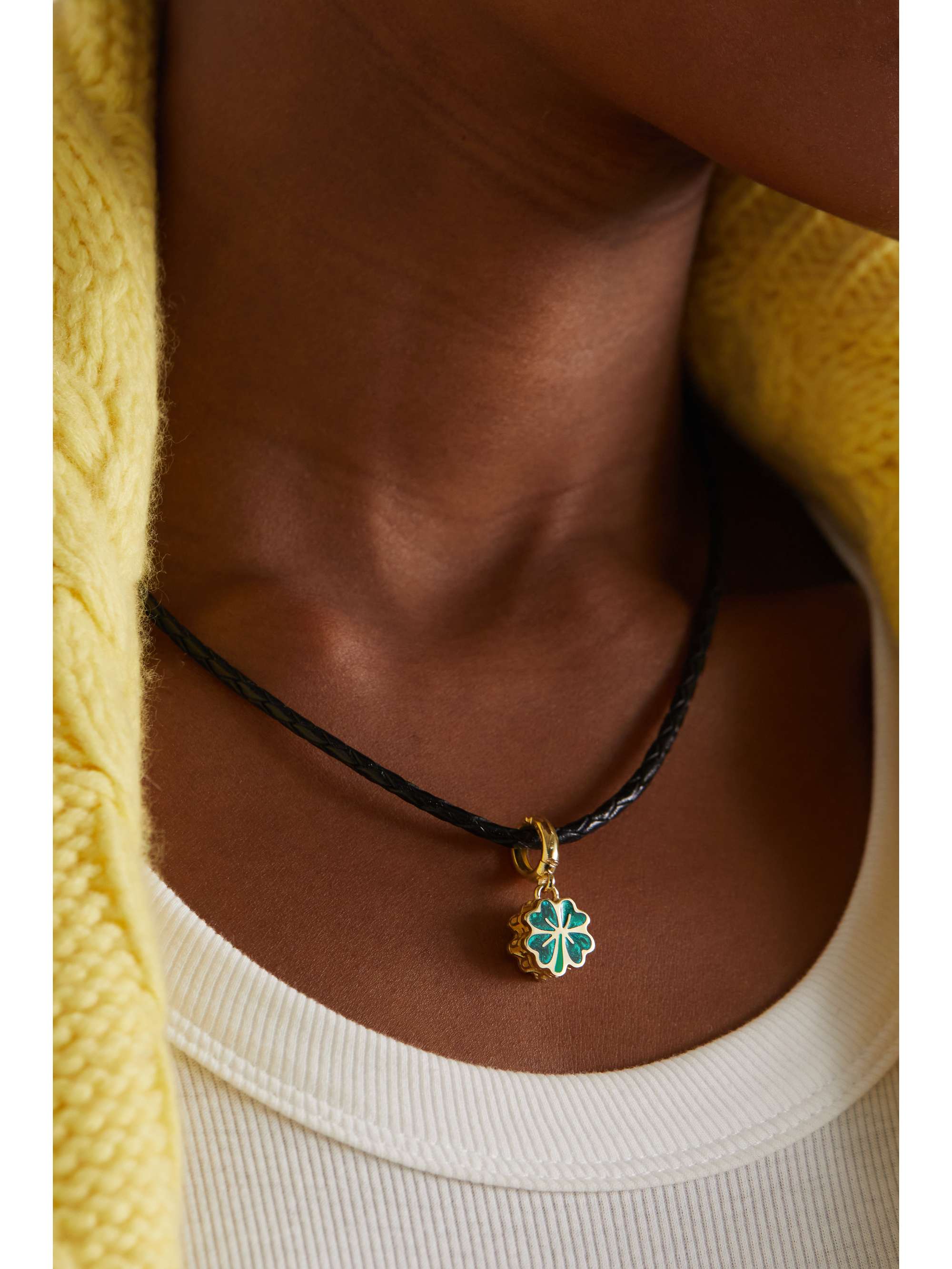 LAUREN RUBINSKI 14-karat gold, enamel and leather necklace