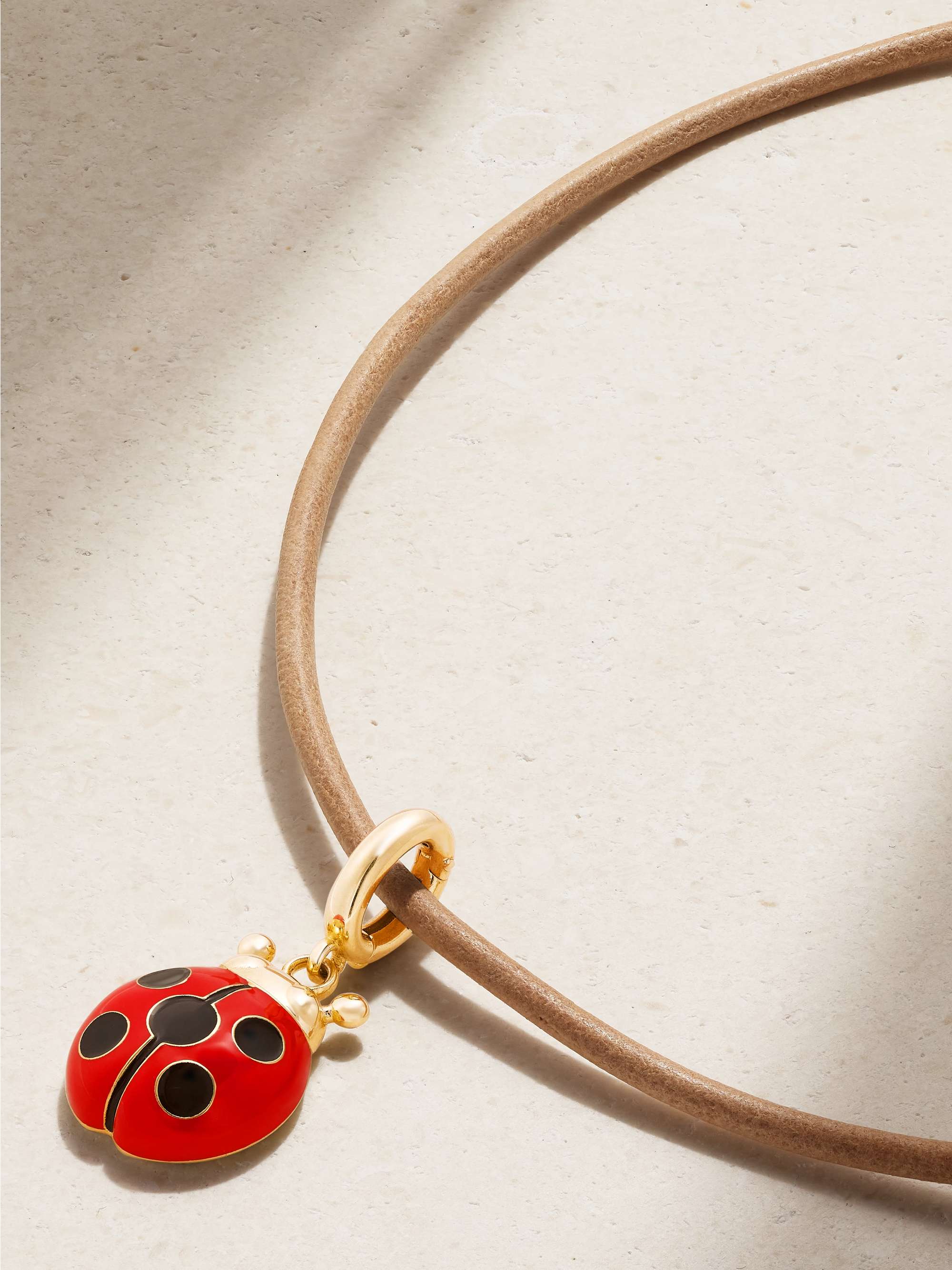 LAUREN RUBINSKI Lady Bug 14-karat gold, enamel and leather necklace