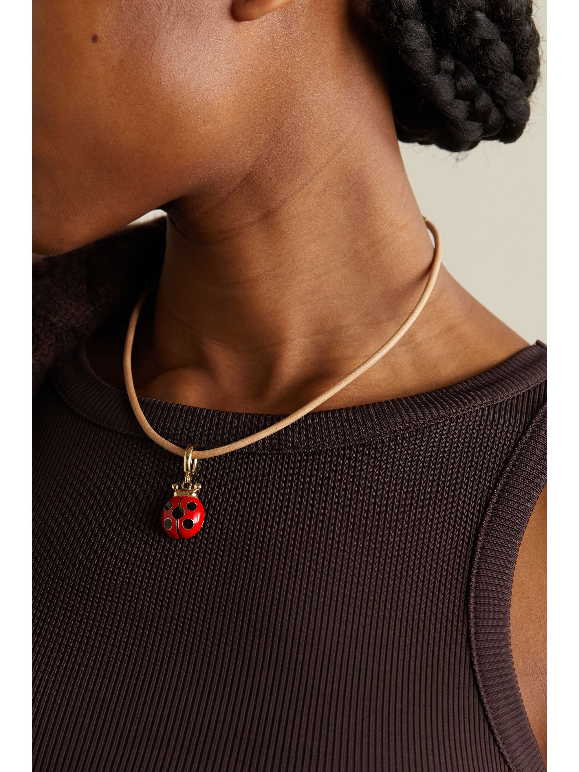 LAUREN RUBINSKI Lady Bug 14-karat gold, enamel and leather necklace