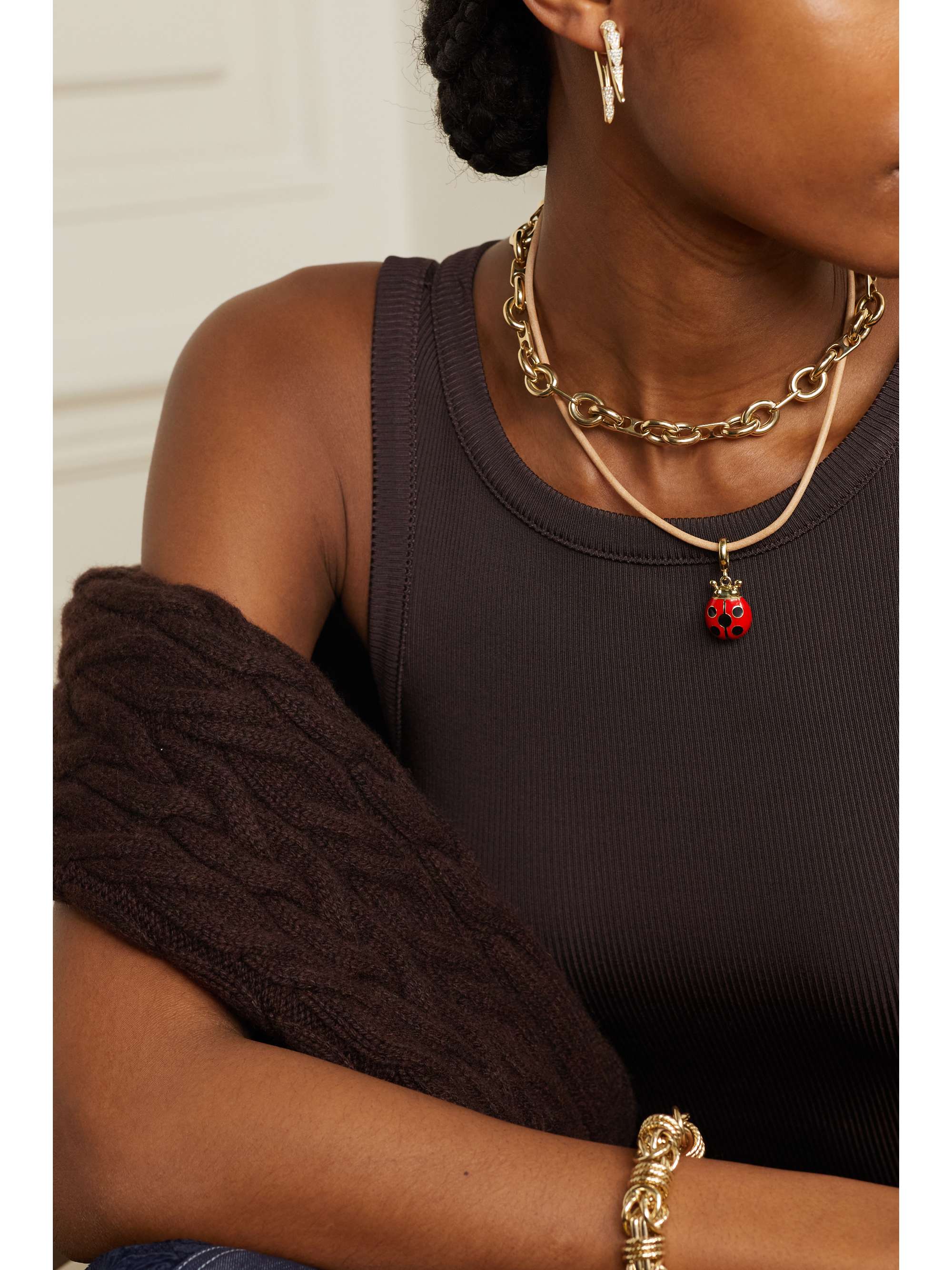 Lady Bug 14 karat gold enamel and leather necklace