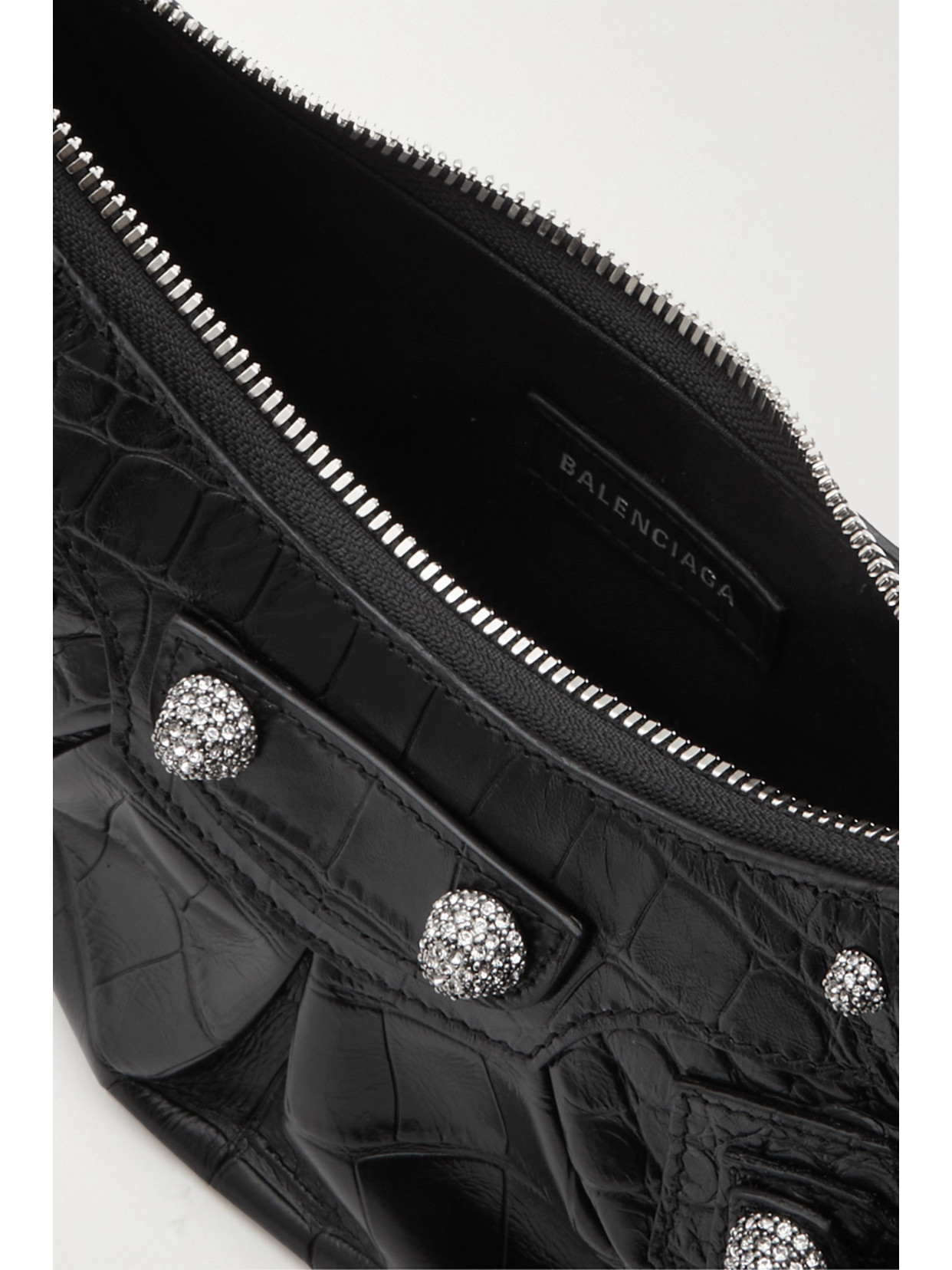 Shop Balenciaga Le Cagole Xs Embellished Croc-effect Leather Shoulder Bag In Black