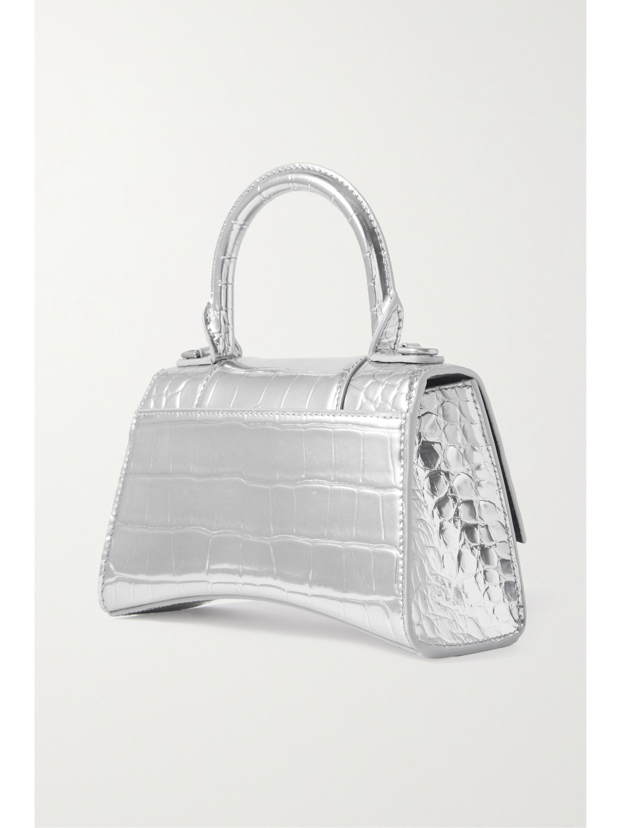 Balenciaga Hourglass Xs Top Handle Bag In Croc Embossed Metallic Leather In Silver