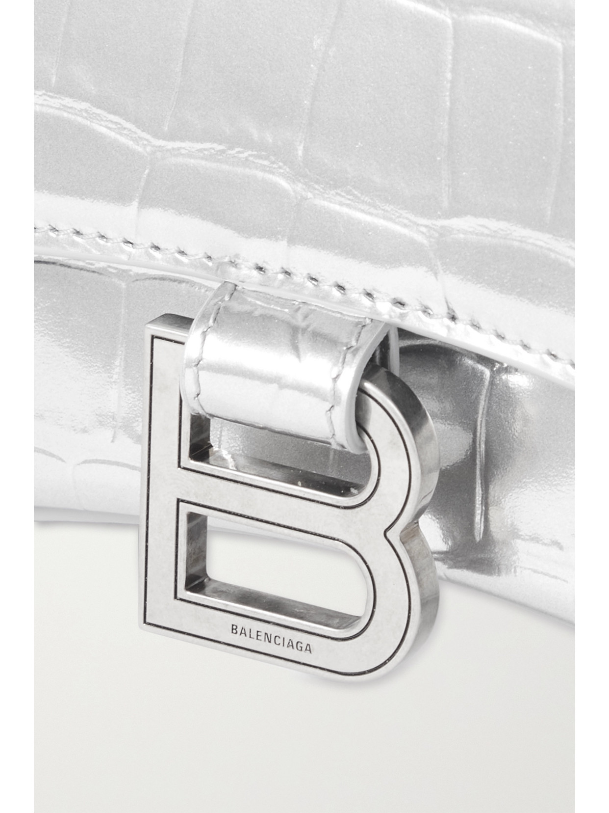 Balenciaga Hourglass Xs Top Handle Bag In Croc Embossed Metallic Leather In Silver