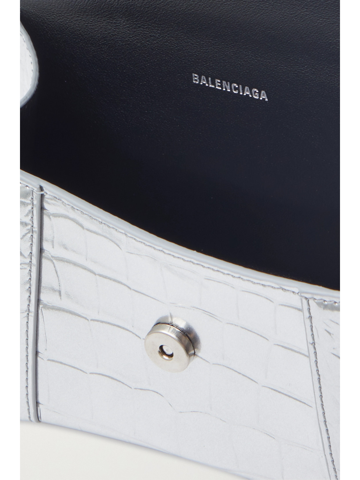 Balenciaga Hourglass Xs Top Handle Bag In Croc Embossed Metallic Leather In Silver