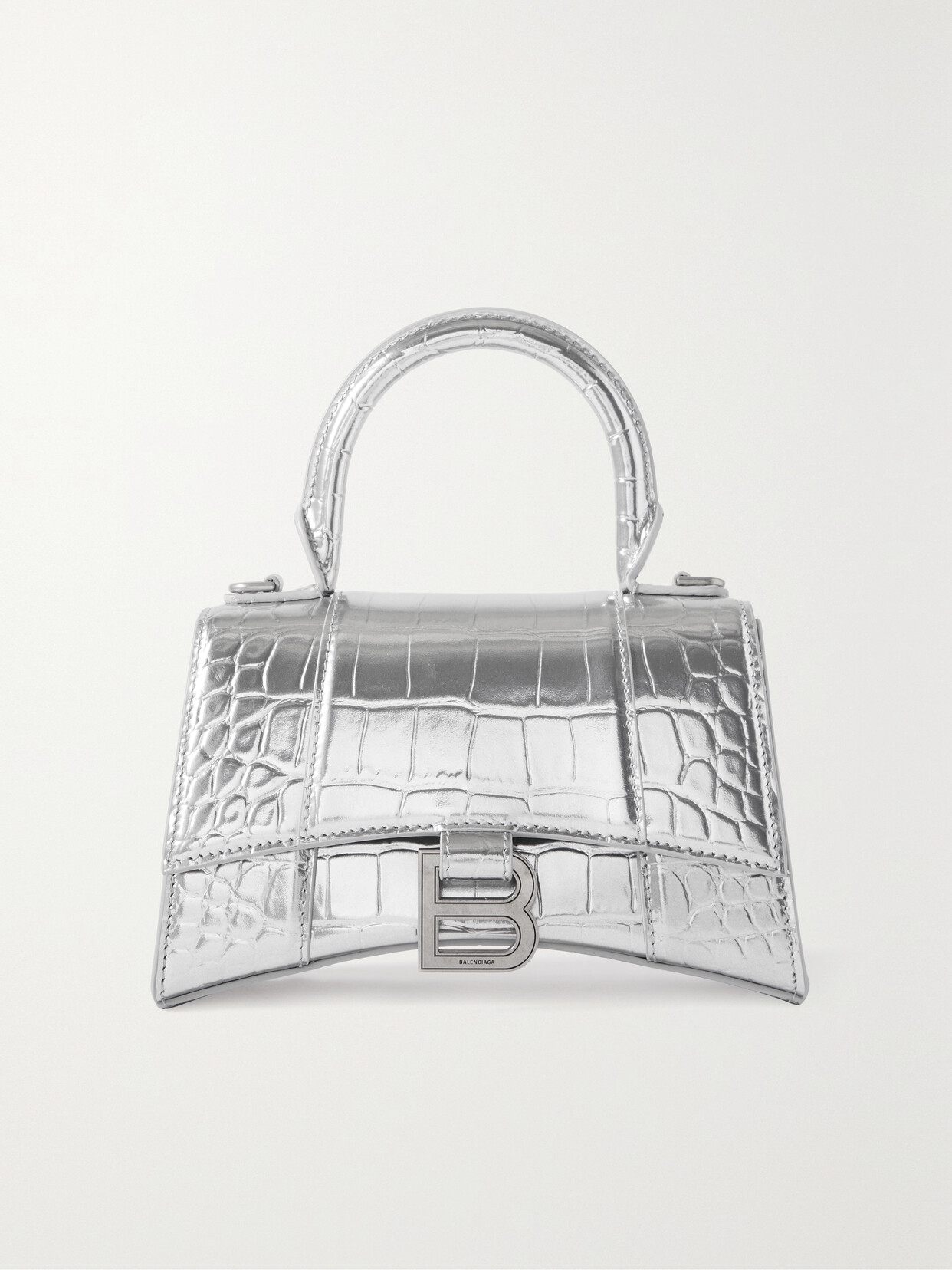 Balenciaga Hourglass Xs Top Handle Bag In Croc Embossed Metallic Leather In Silver