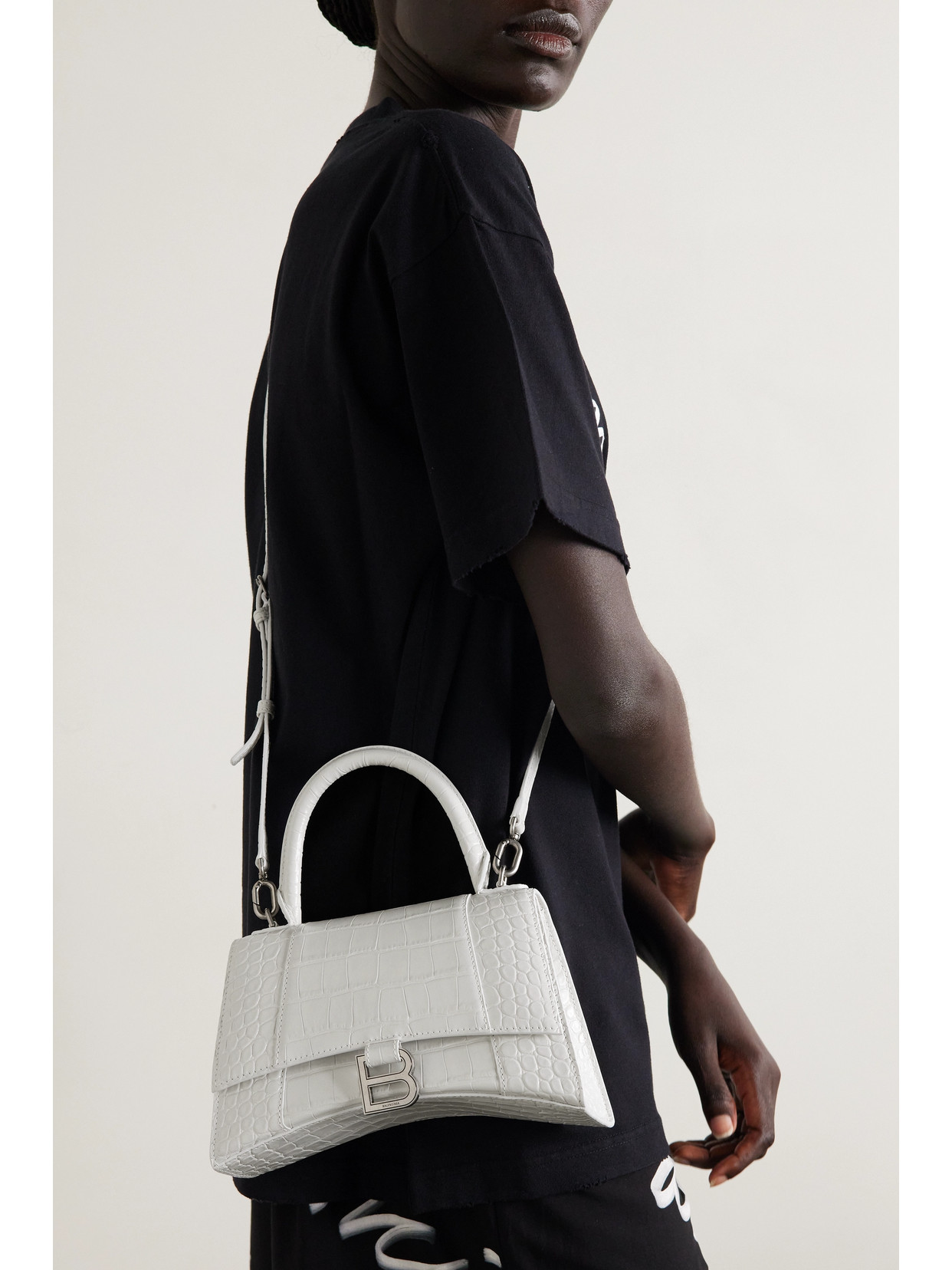 Balenciaga Hourglass Small Croc-effect Leather Tote In White