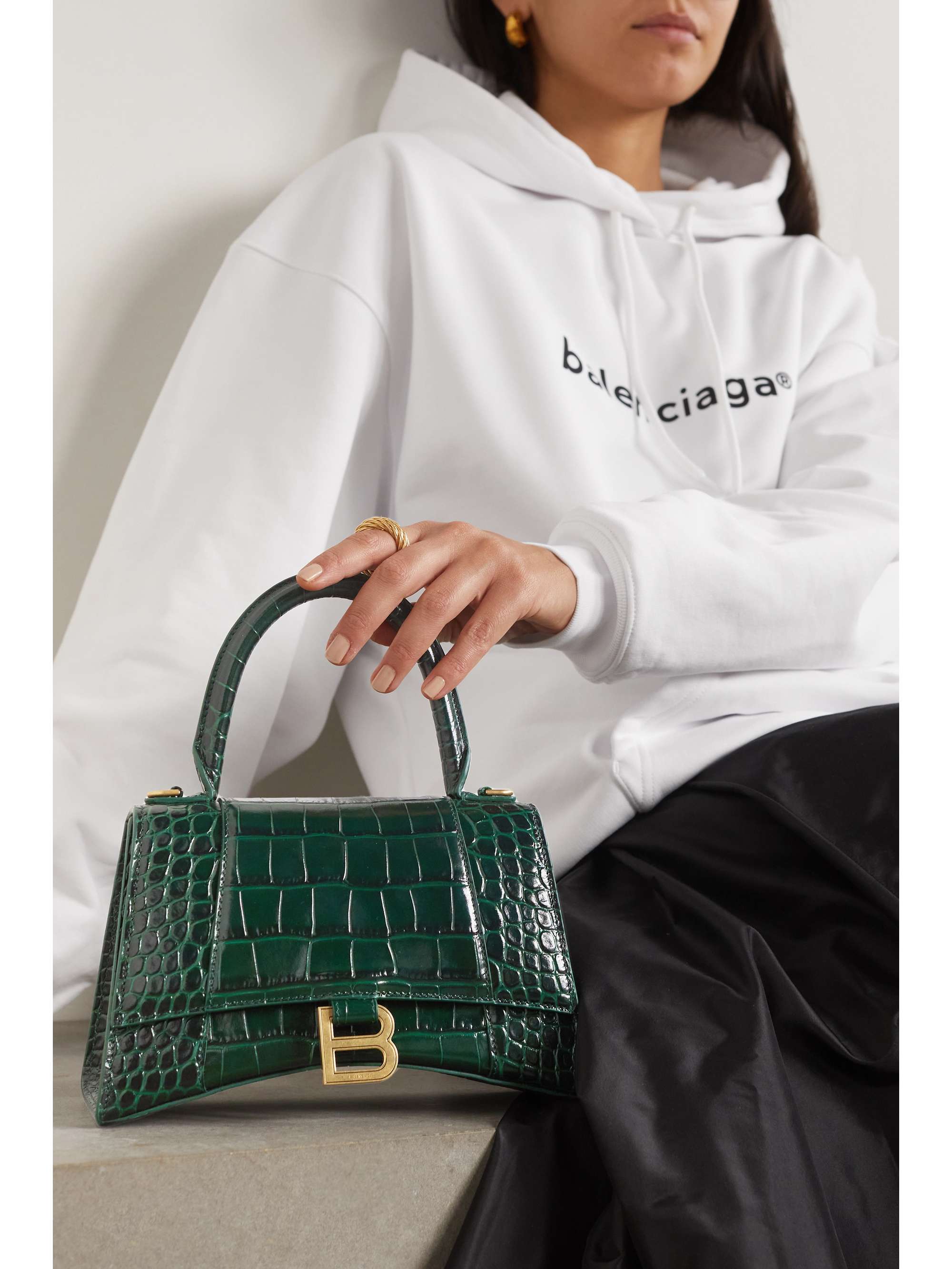 Green Hourglass crocodile-effect leather cross-body bag, Balenciaga