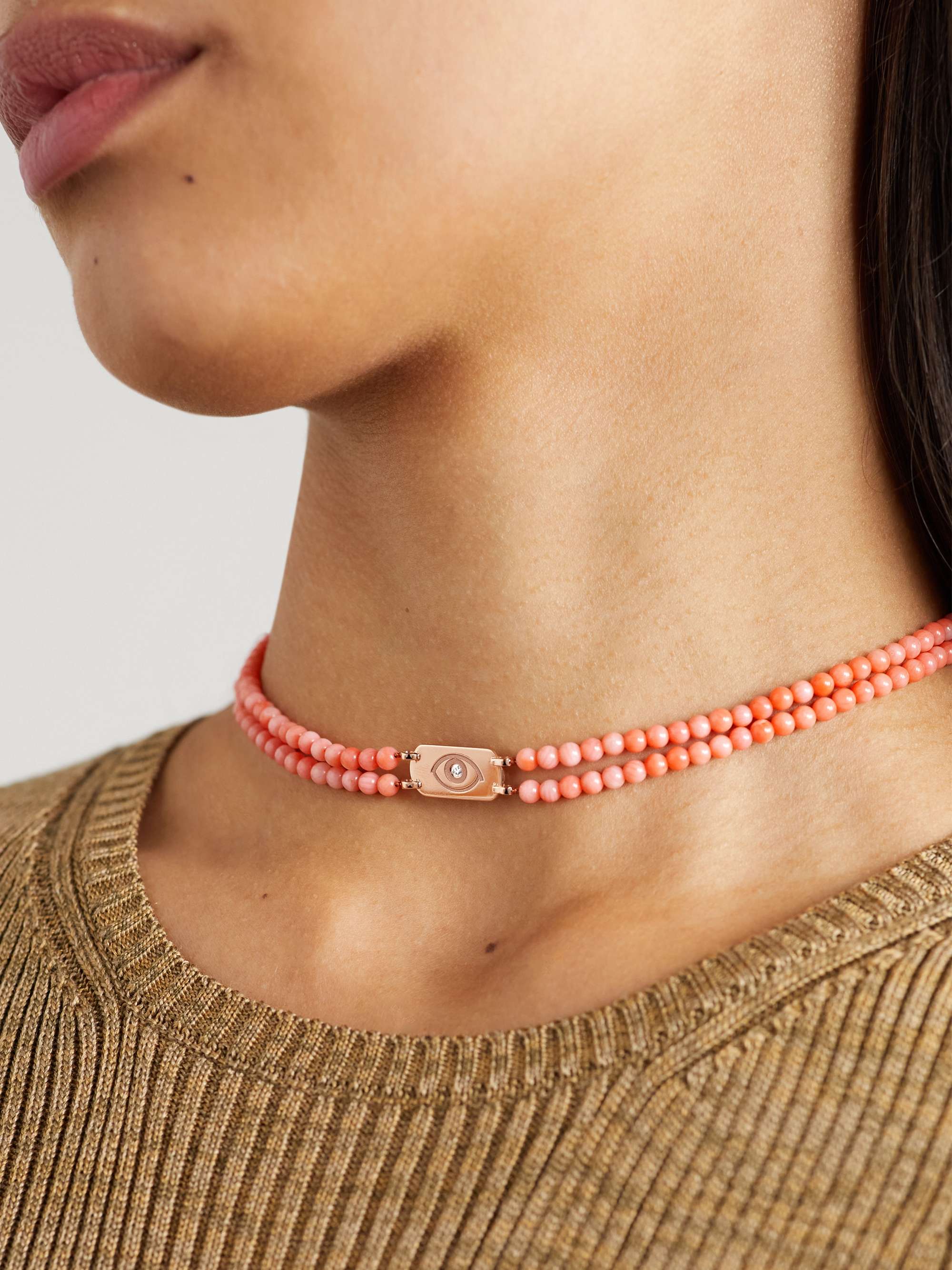 DIANE KORDAS ID 14-karat rose gold, bead and diamond choker