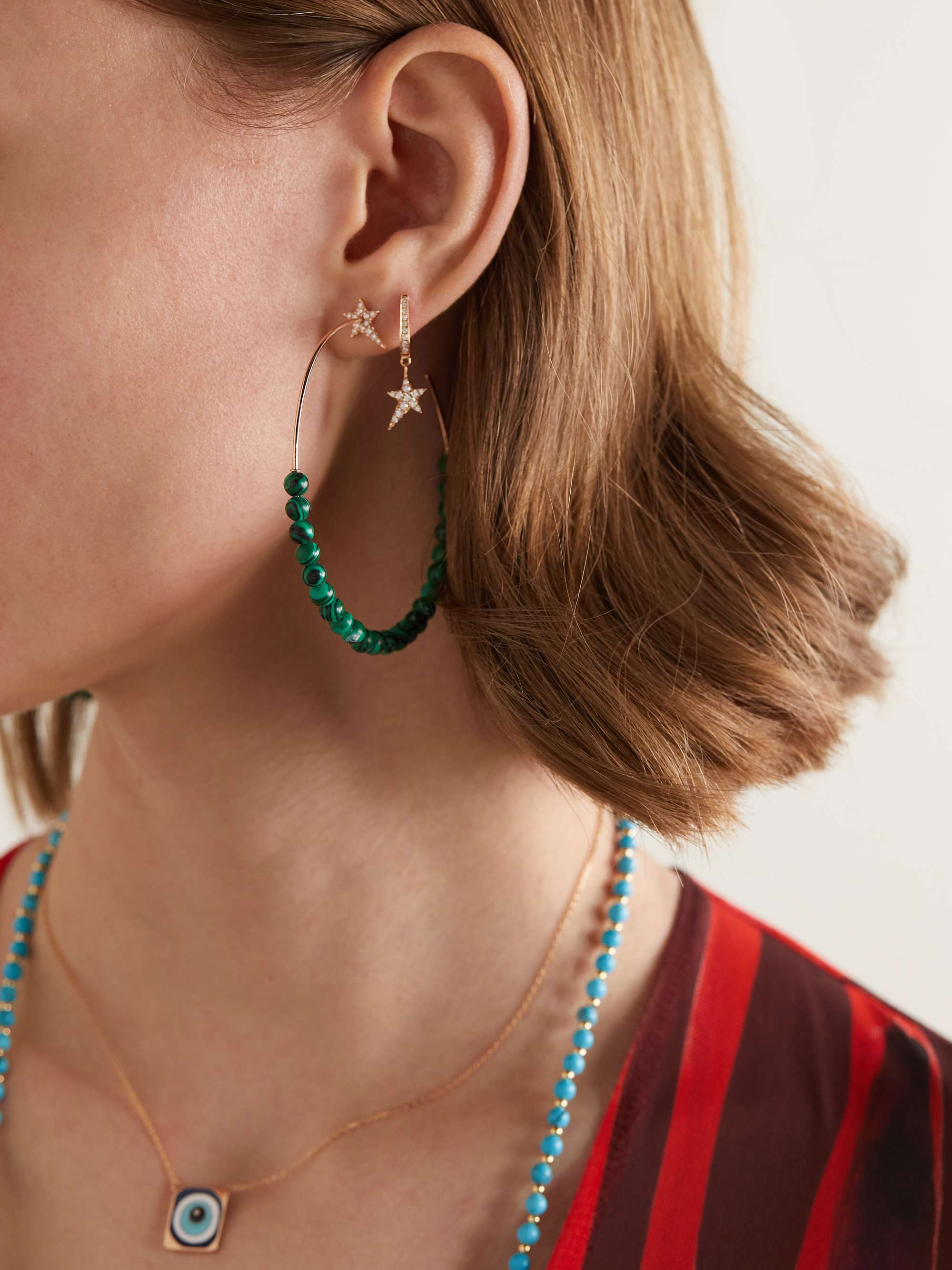 DIANE KORDAS 18-karat rose gold, malachite and diamond hoop earrings