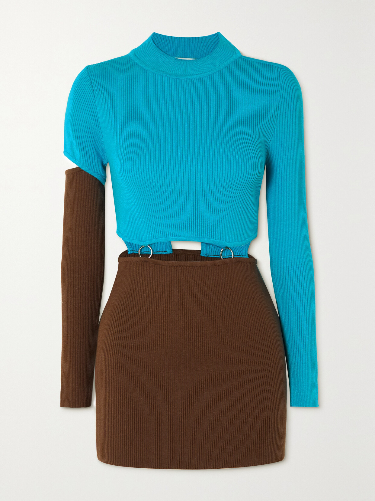Embellished Cutout Two-tone Ribbed-knit Mini Dress