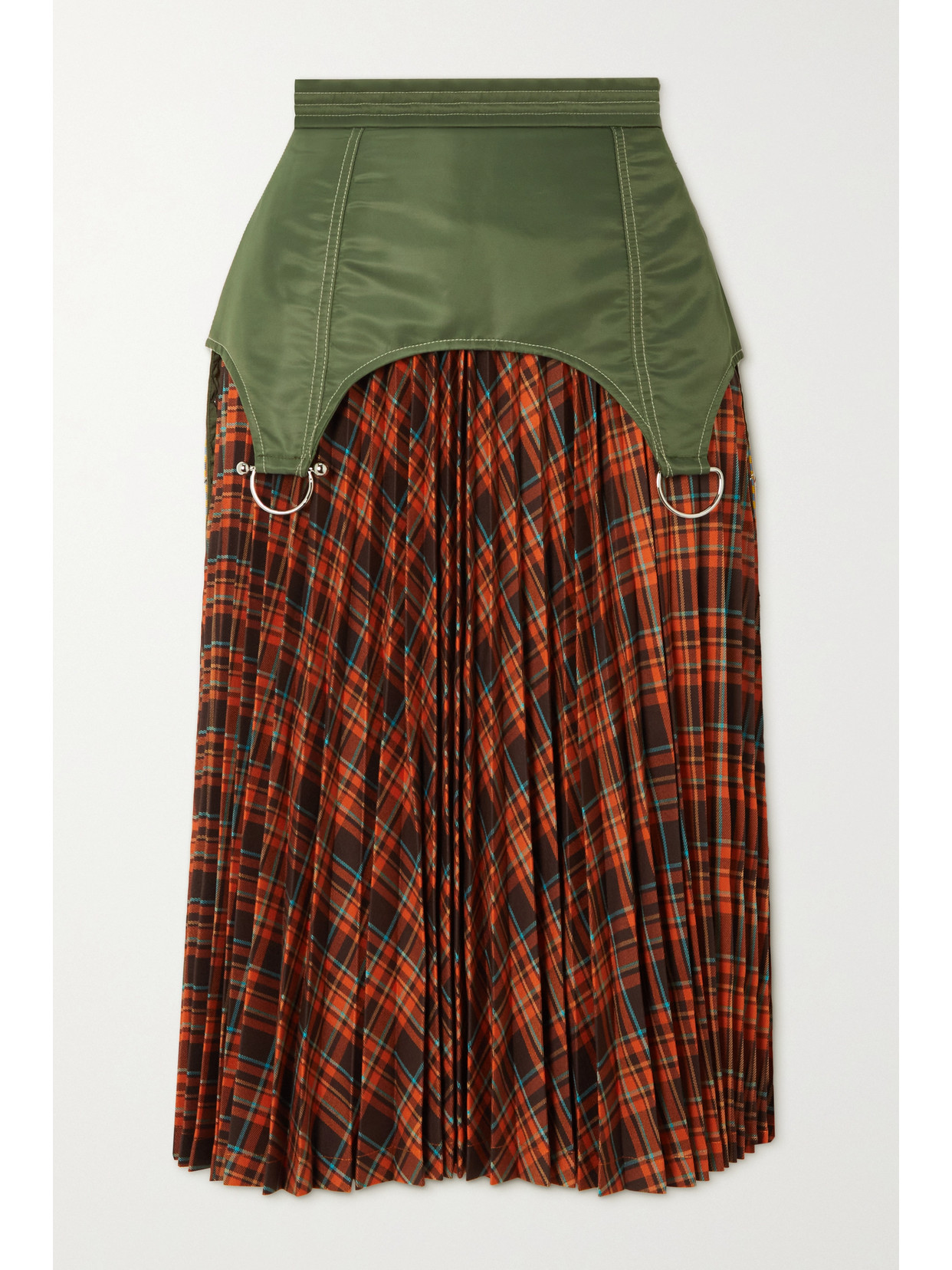 ANDERSSON BELL PERRY LAYERED SHELL, CHECKED JACQUARD-KNIT AND SATIN MIDI SKIRT