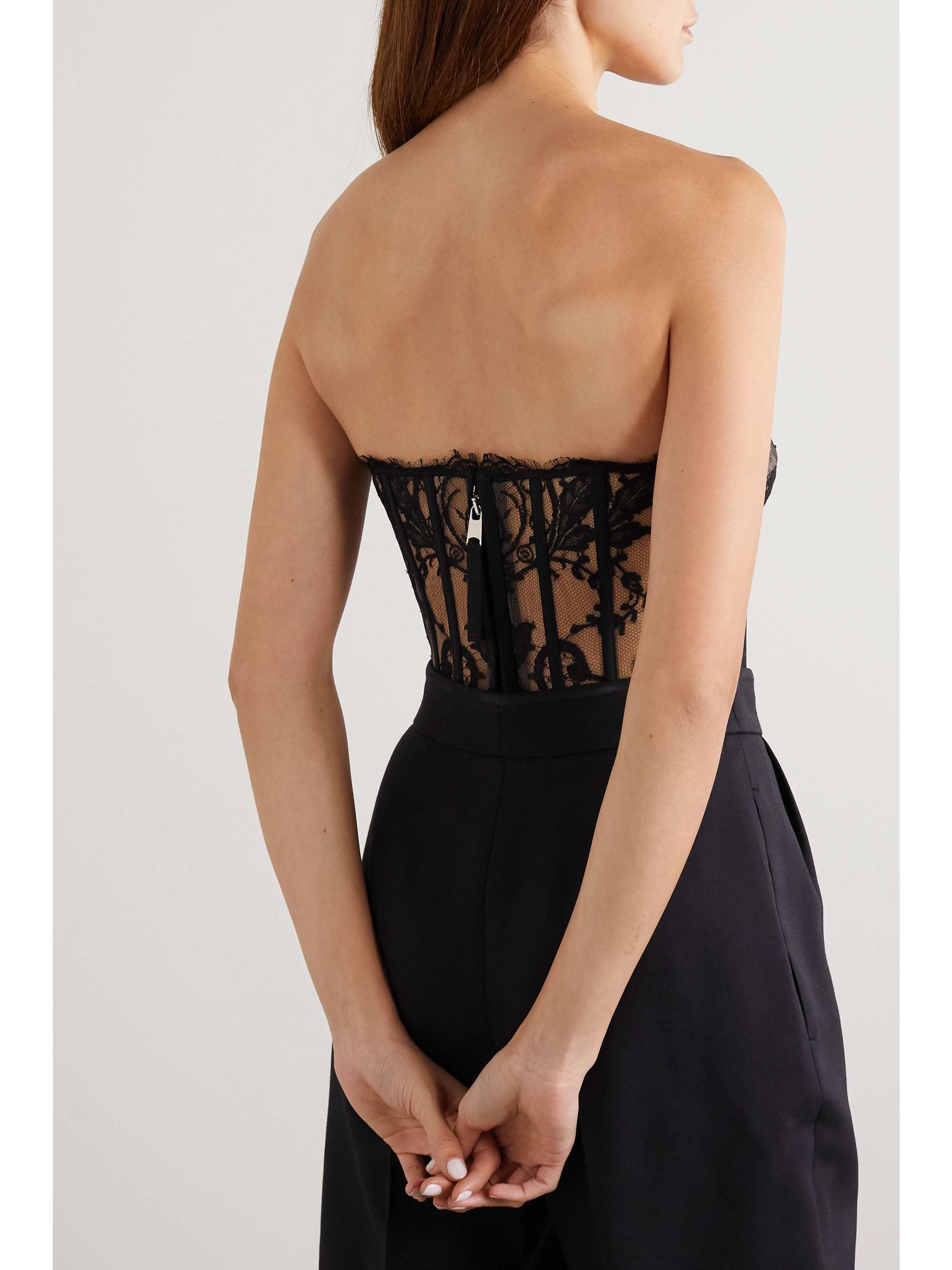MCQUEEN Satin-trimmed cotton-blend corded lace bustier top