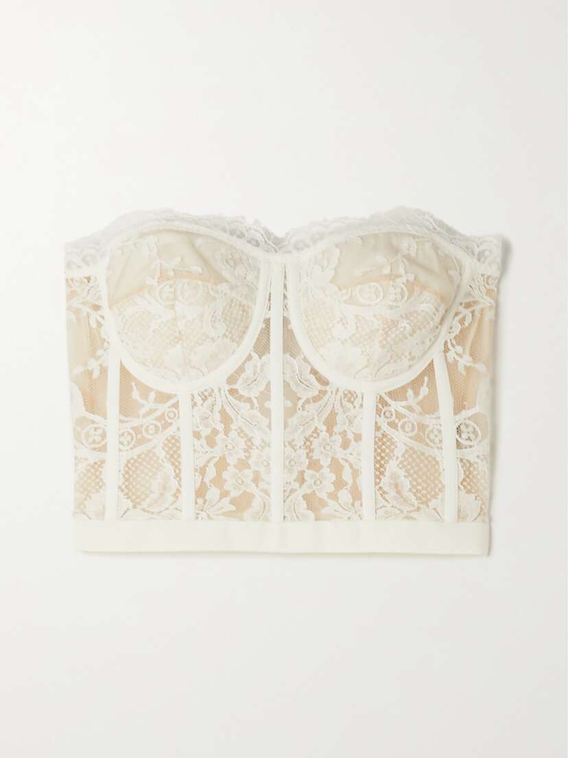 McQueen Satin-trimmed Cotton-blend Corded Lace Bustier Top