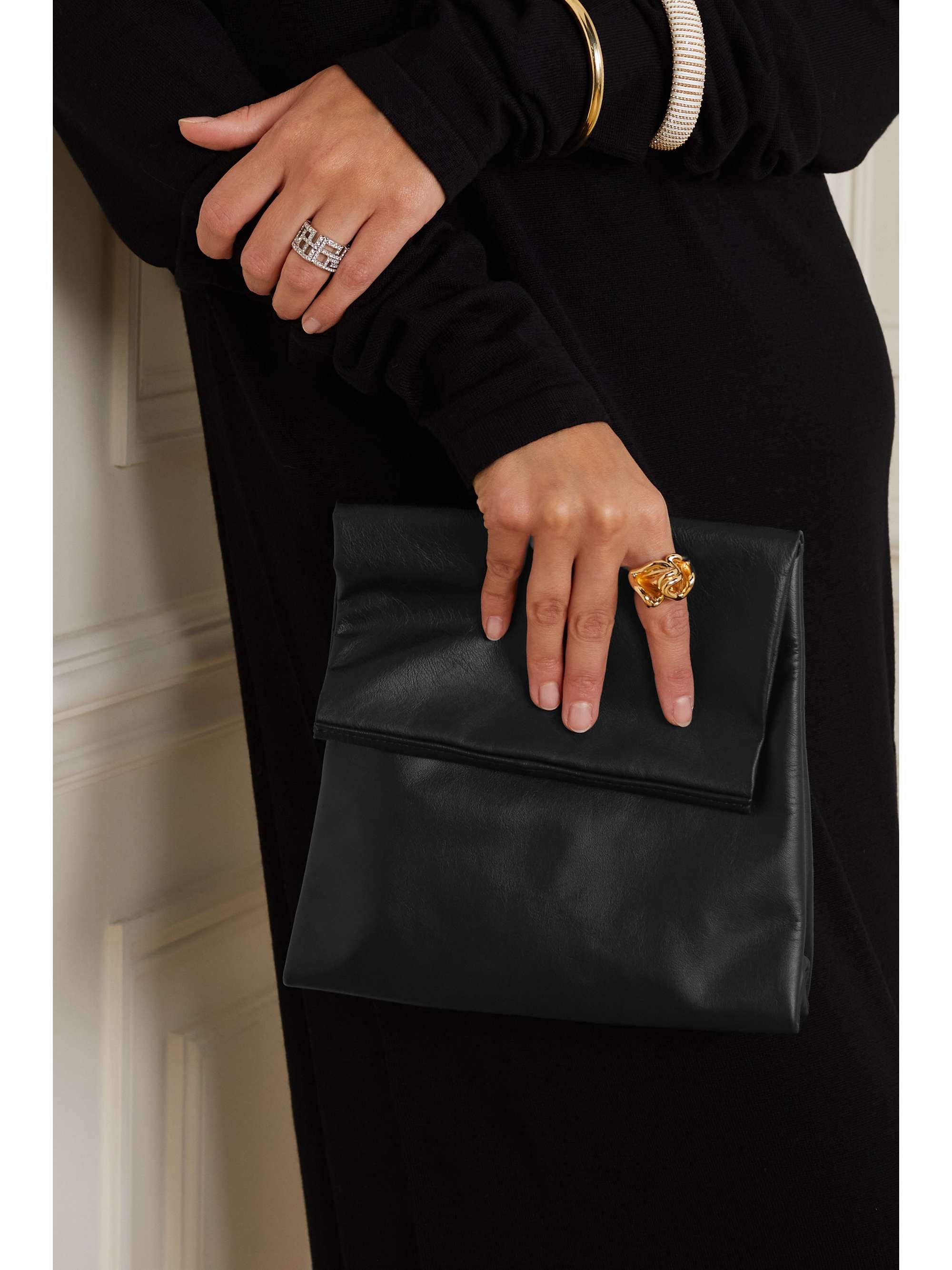 Ellie Leather Clutch in Black - The Row