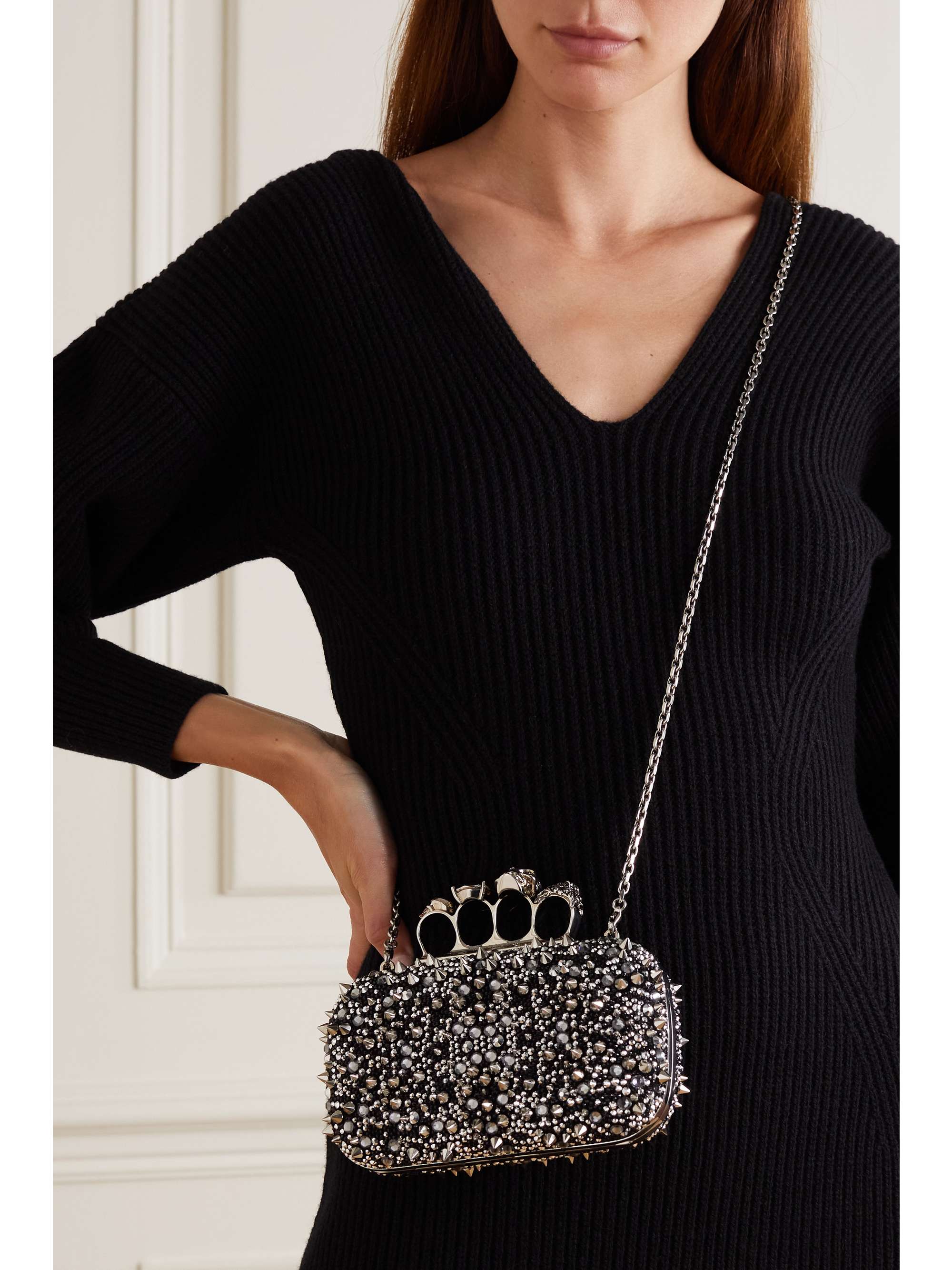 ALEXANDER MCQUEEN Four Ring embellished suede clutch | NET-A-PORTER