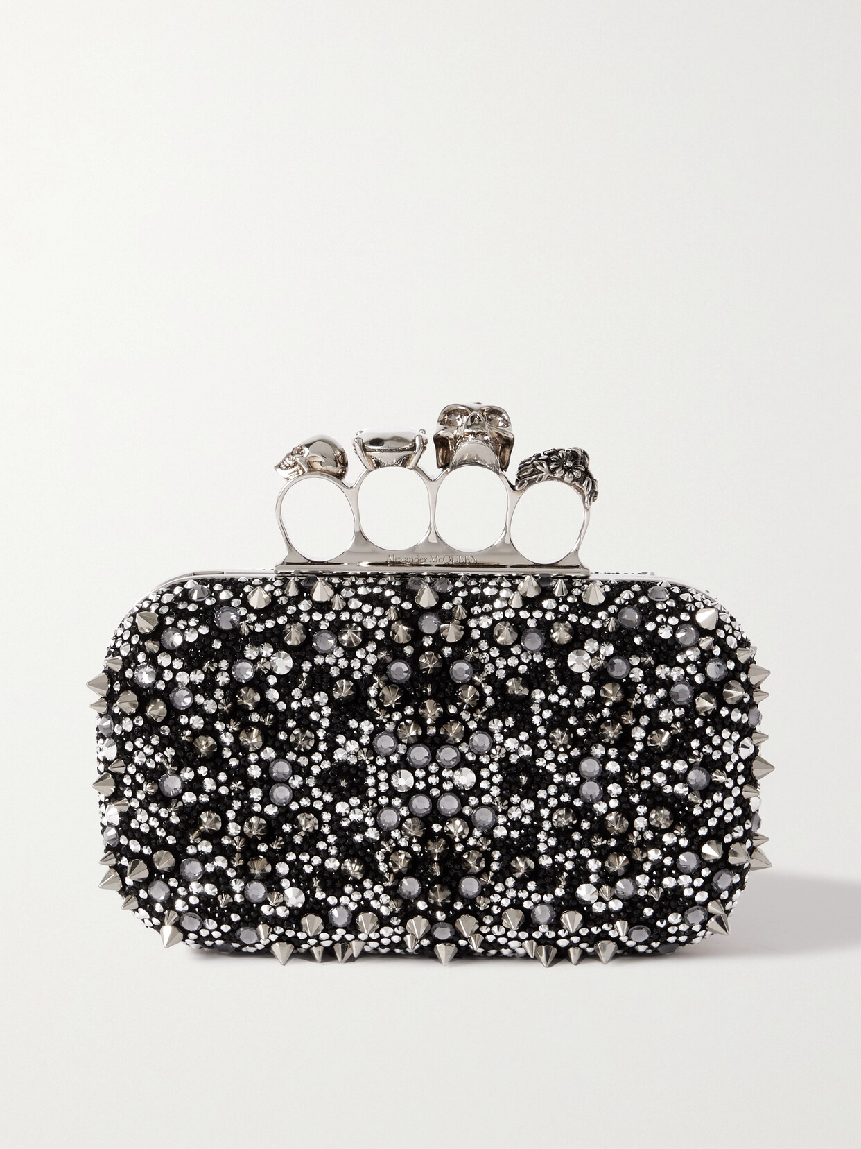 Shop Alexander Mcqueen Four Ring Embellished Suede Clutch In Black