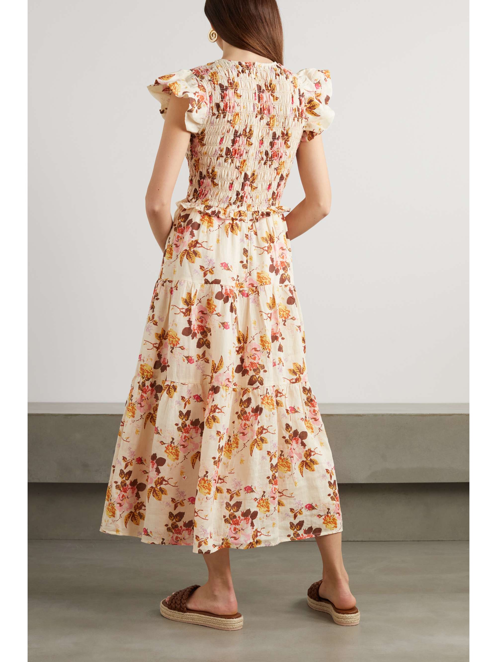 SEA Esme tiered smocked floral-print ramie maxi dress