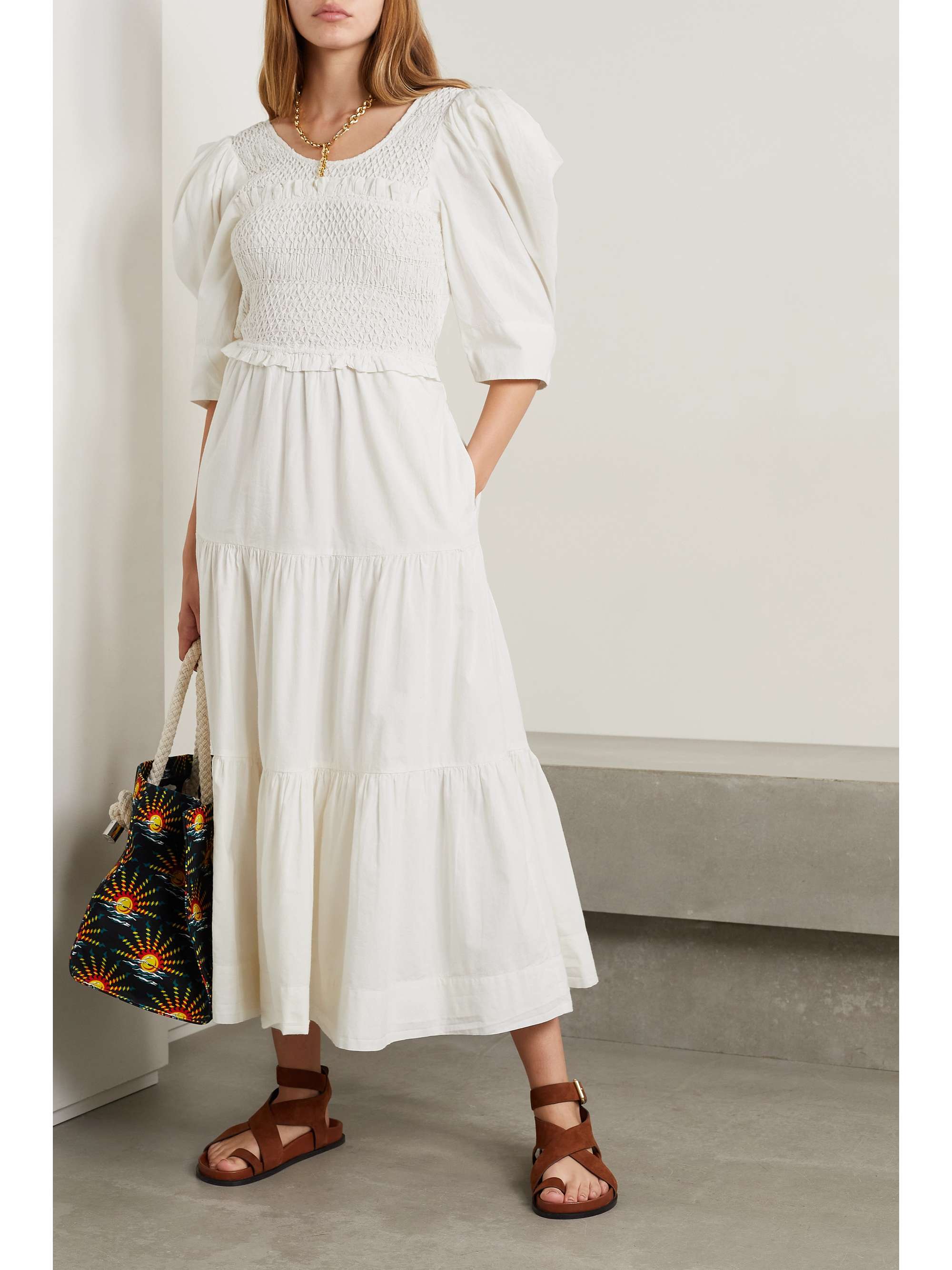 SEA Simona smocked cotton-poplin midi dress