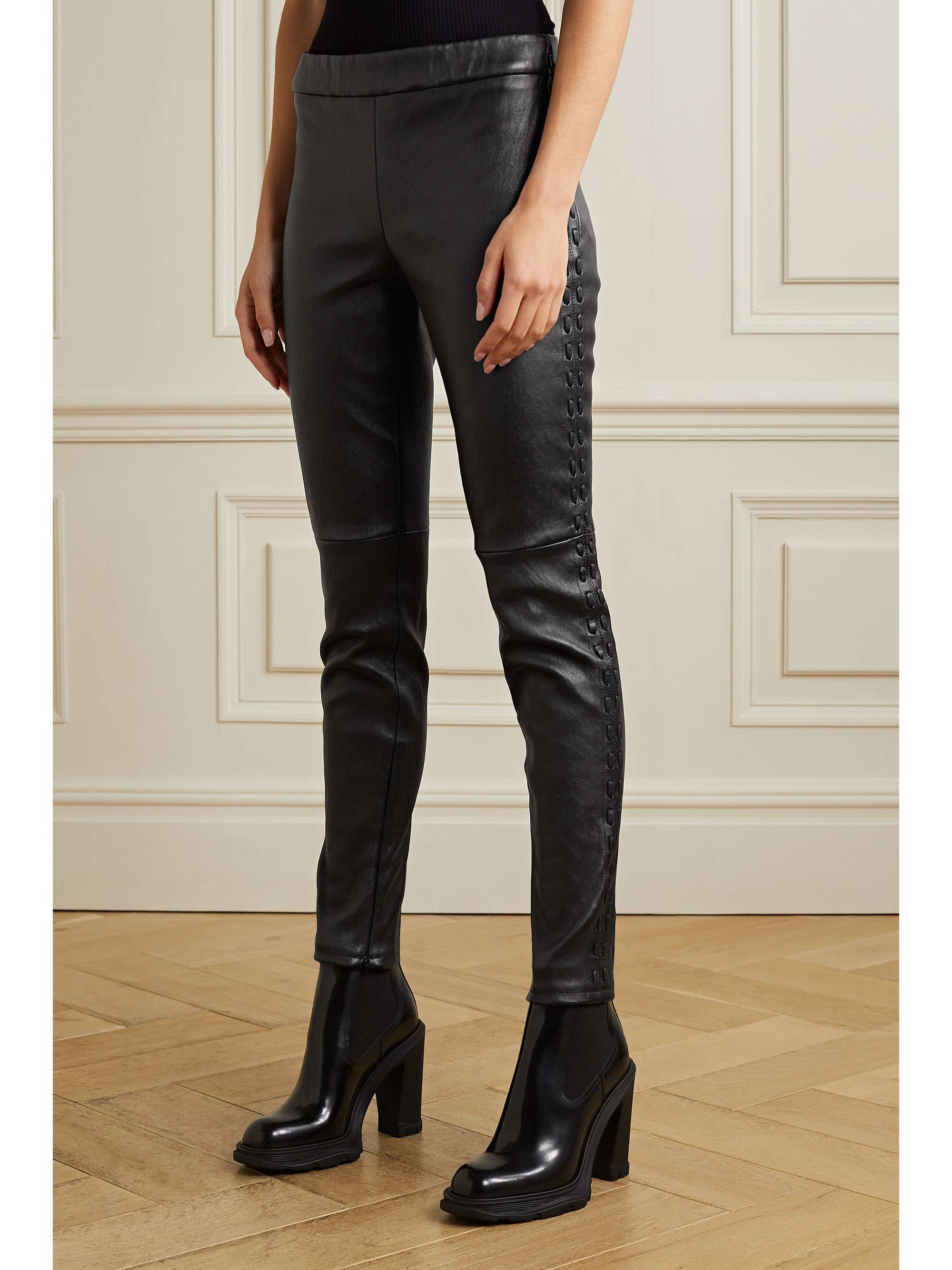 Black Whipstitched leather leggings 
