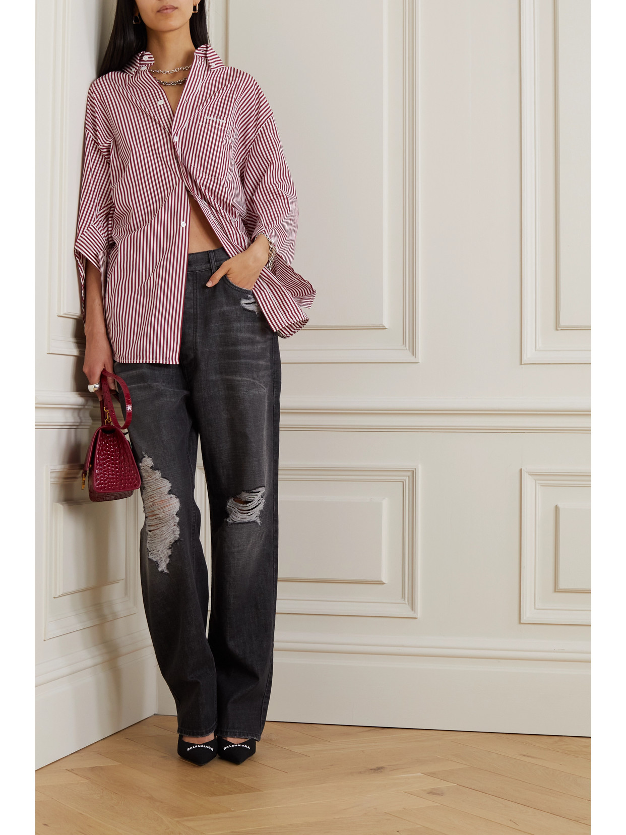 Balenciaga Swing Twisted Striped Cotton-poplin Shirt In Red | ModeSens
