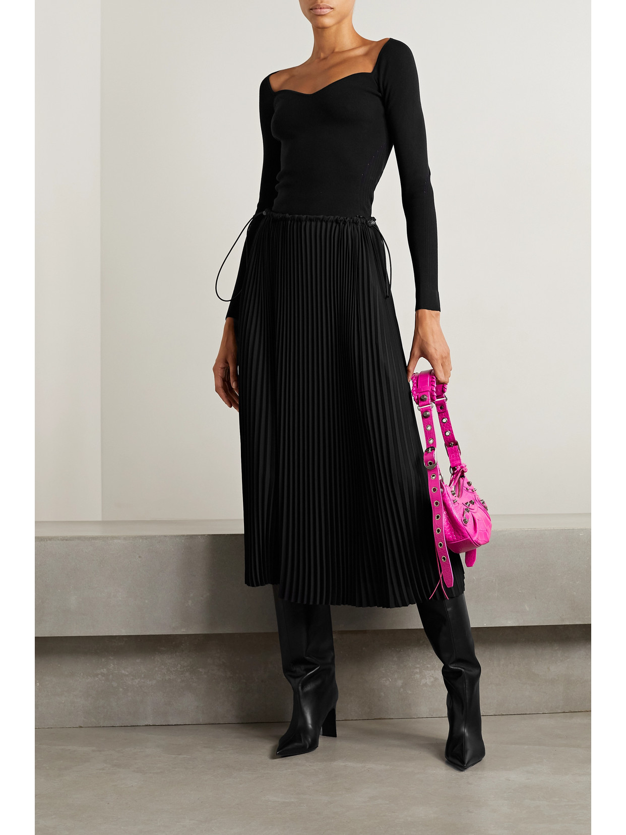 Shop Balenciaga Pleated Crepe De Chine Midi Skirt In Black