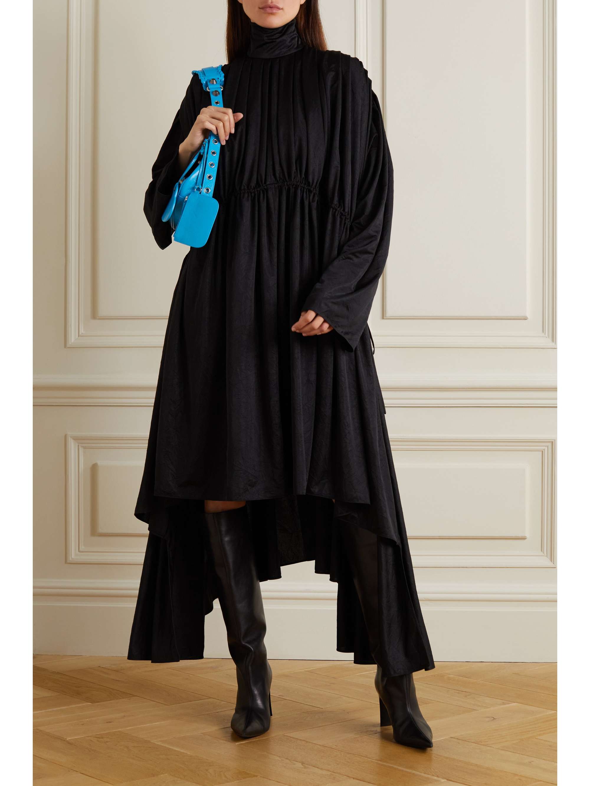 BALENCIAGA Asymmetric draped satin turtleneck midi dress | NET-A-PORTER