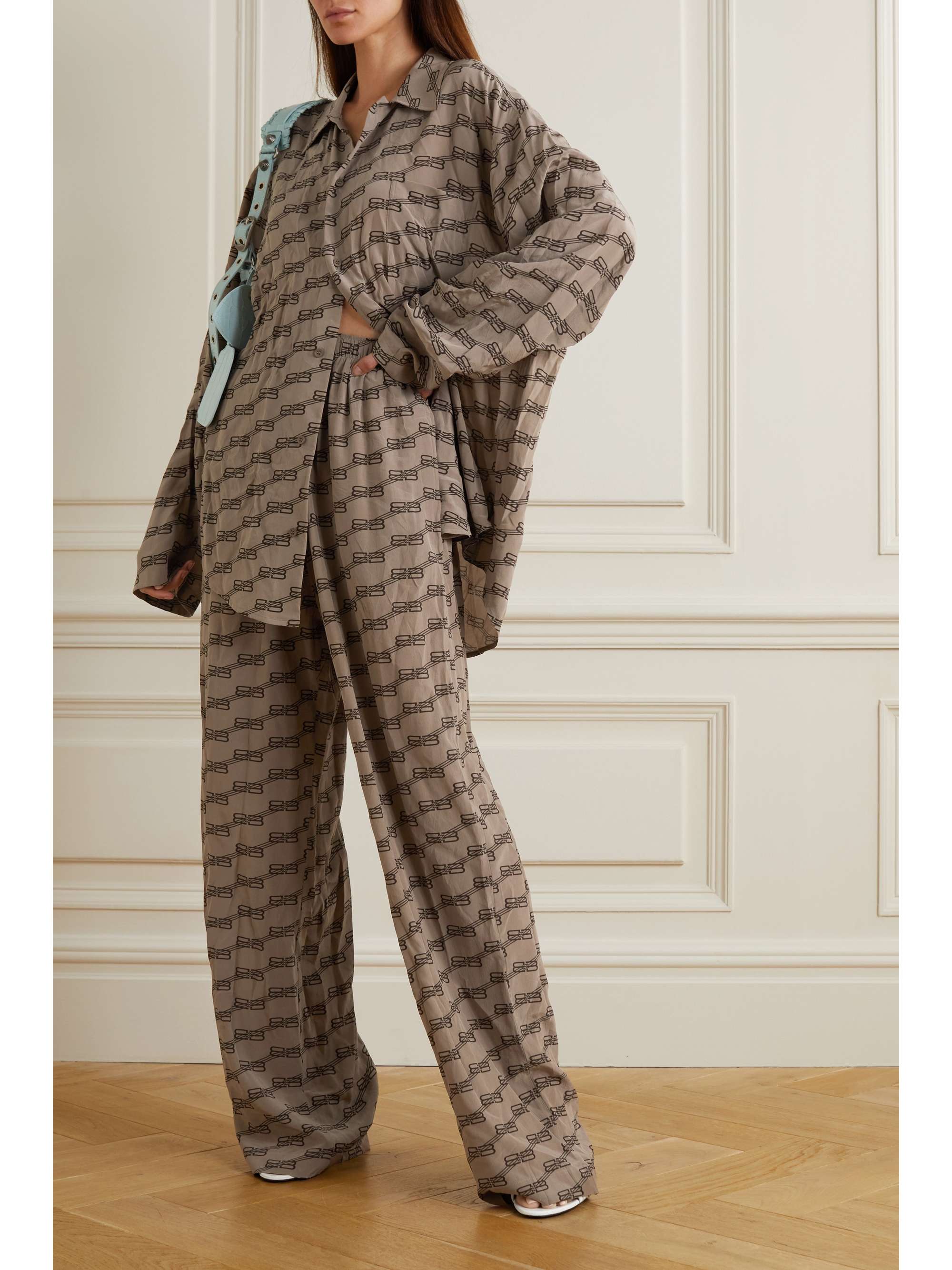 Brown Printed crinkled silk-crepe wide 