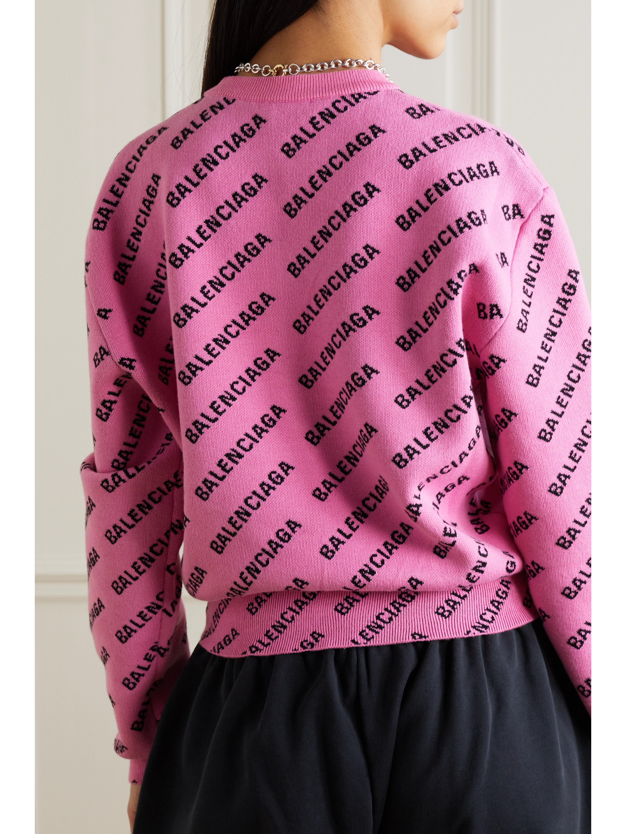 Shop Balenciaga Cropped Intarsia-knit Sweater In Pink