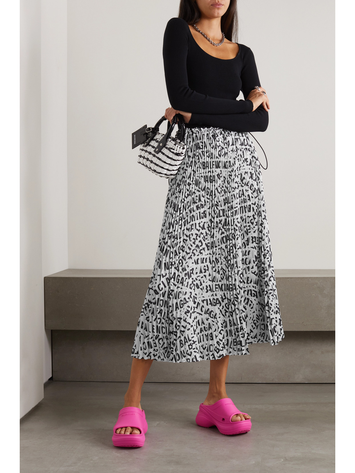 Shop Balenciaga Pleated Printed Crepe De Chine Midi Skirt In Gray