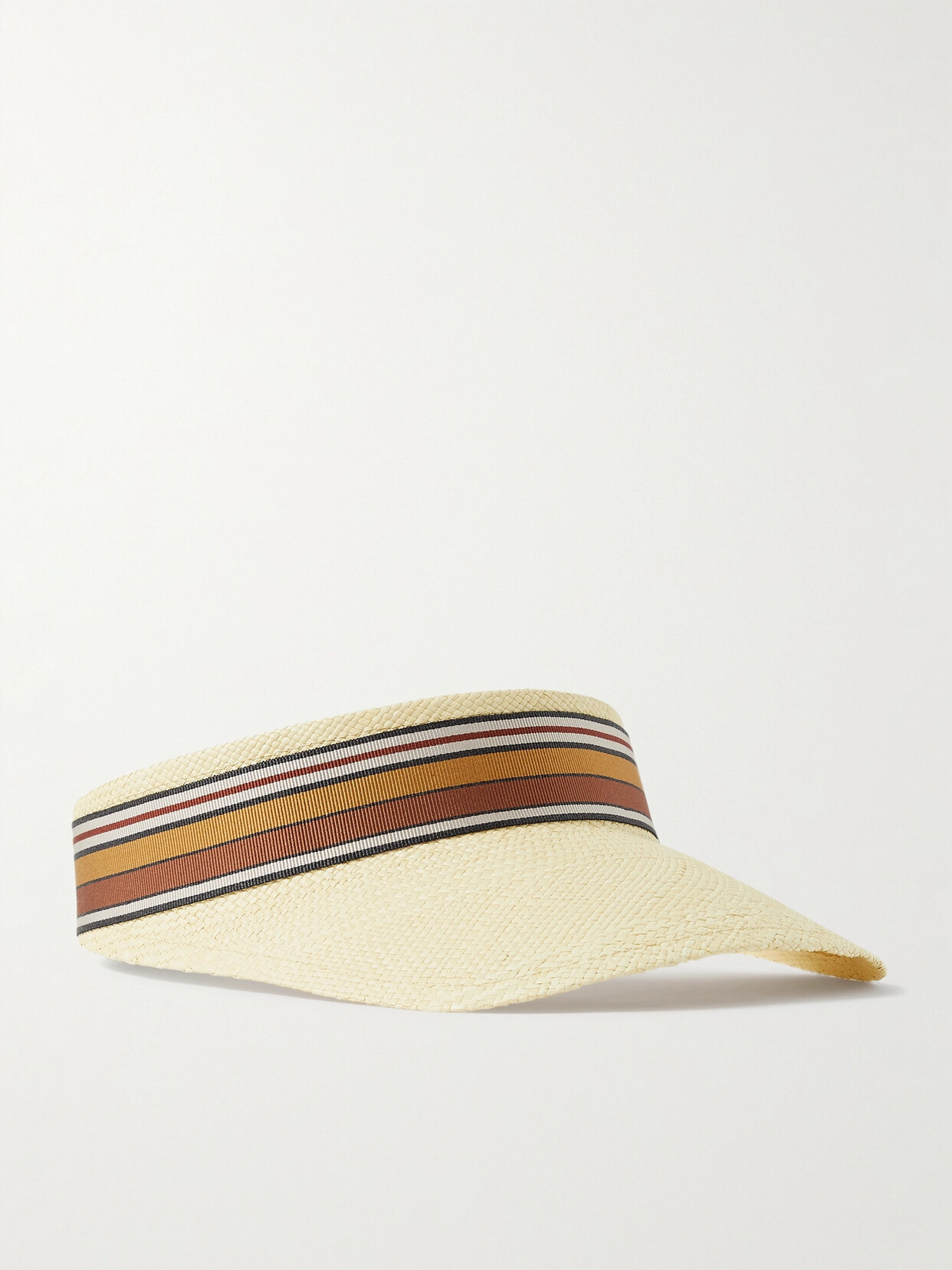 LORO PIANA THE SUITCASE STRIPED GROSGRAIN-TRIMMED STRAW VISOR