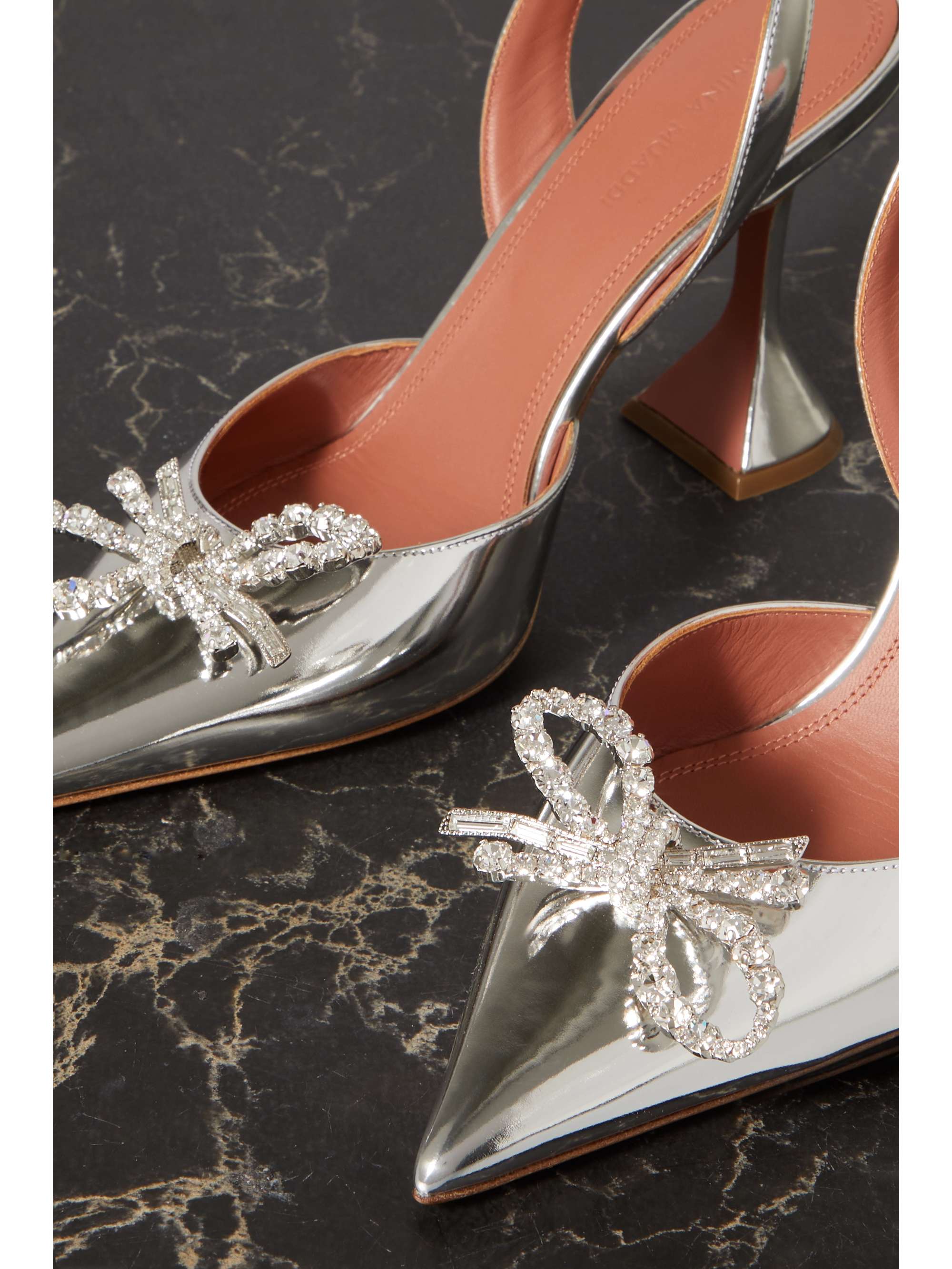 AMINA MUADDI Rosie crystal-embellished mirrored-leather slingback pumps