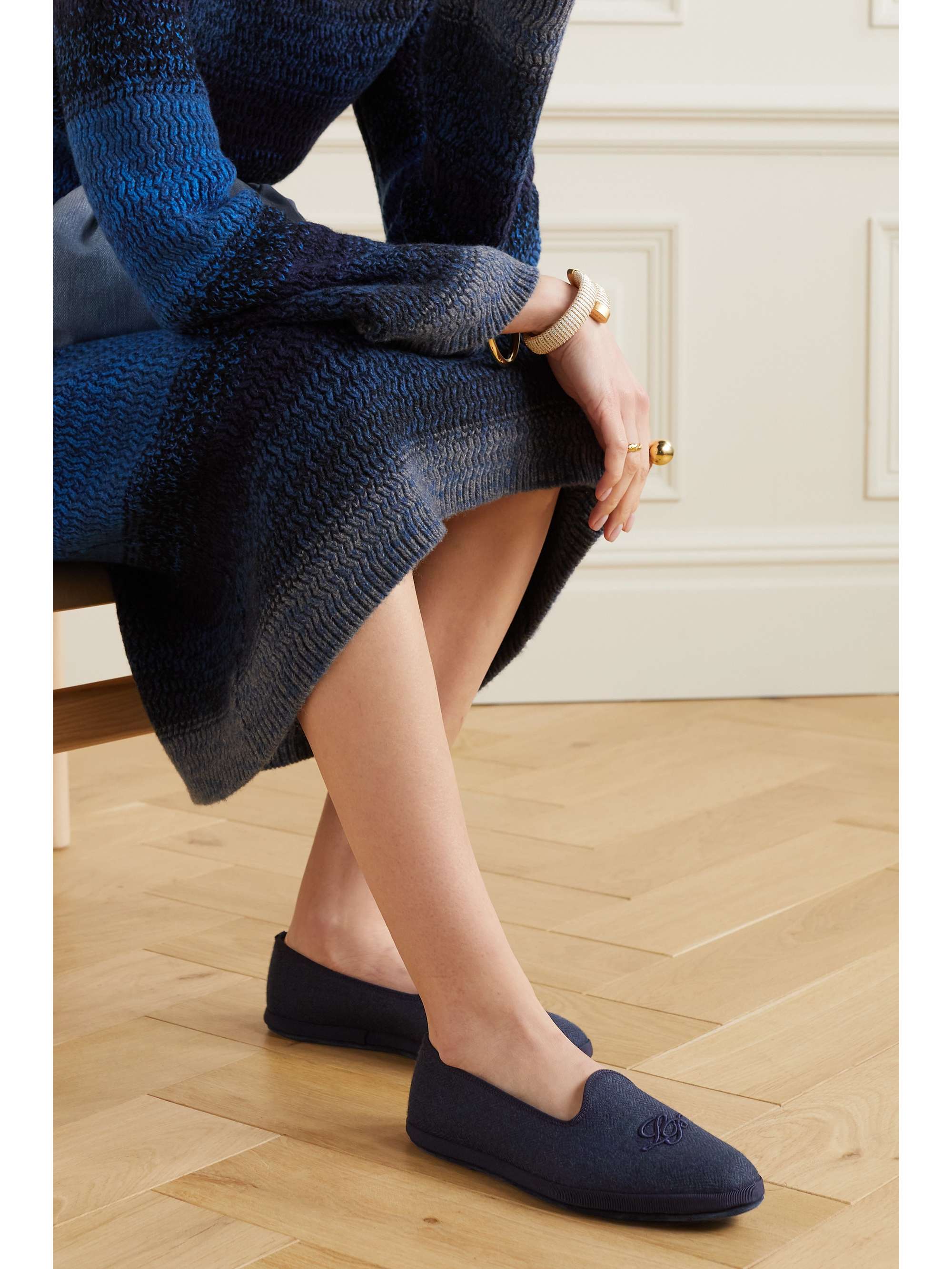 LORO PIANA Venice embroidered herringbone cashmere slippers