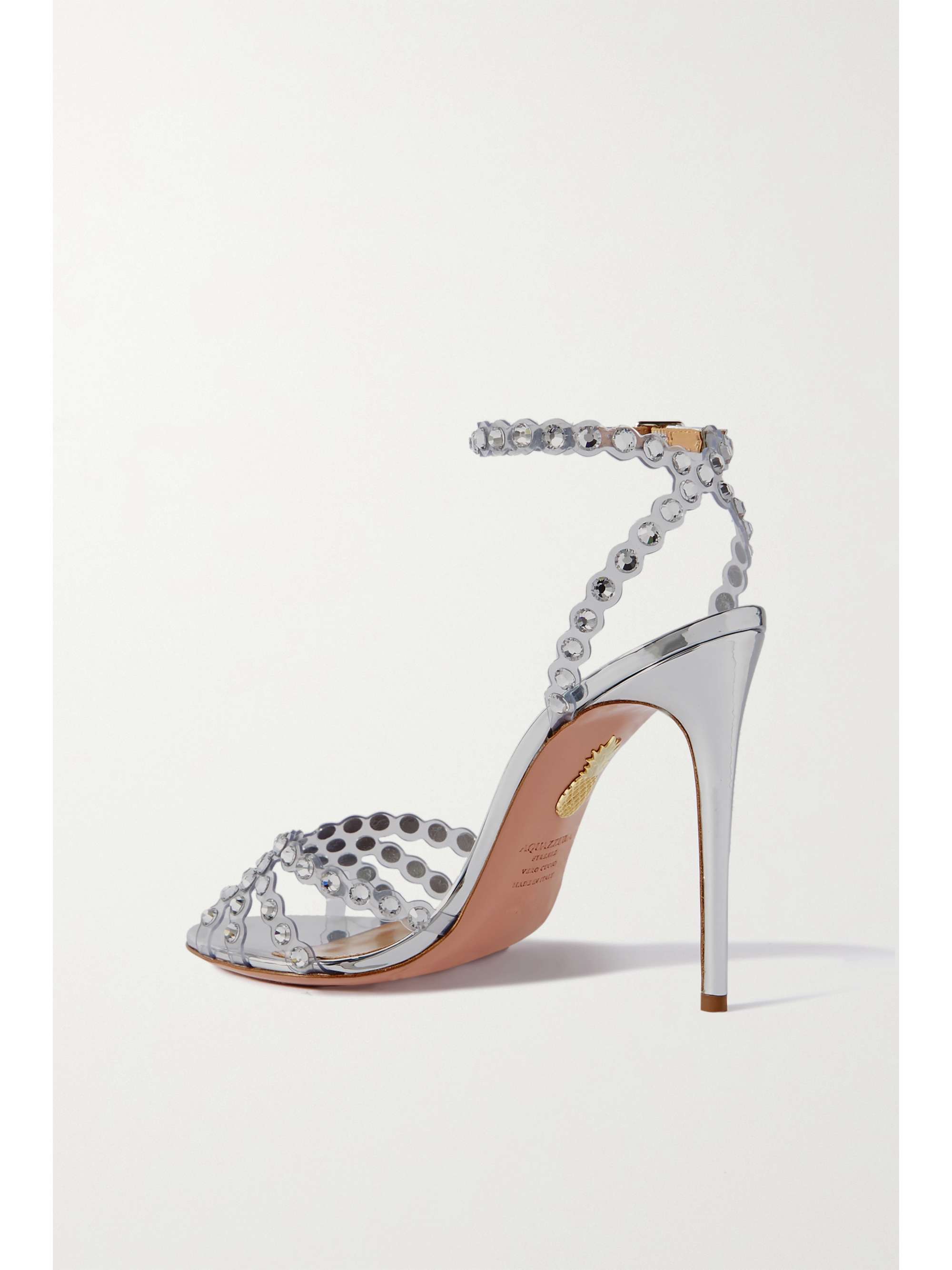 AQUAZZURA Tequila 105 metallic leather and crystal-embellished PVC sandals