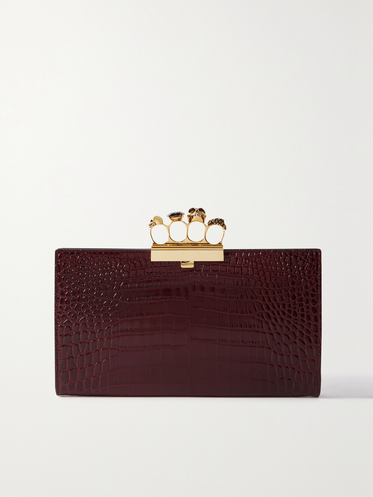 Alexander Mcqueen Four Ring Embellished Croc-effect Leather Pouch In Burgundy