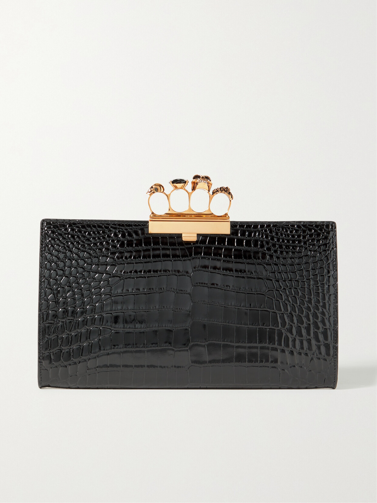 Alexander Mcqueen Four Ring Embellished Croc-effect Leather Pouch In Black