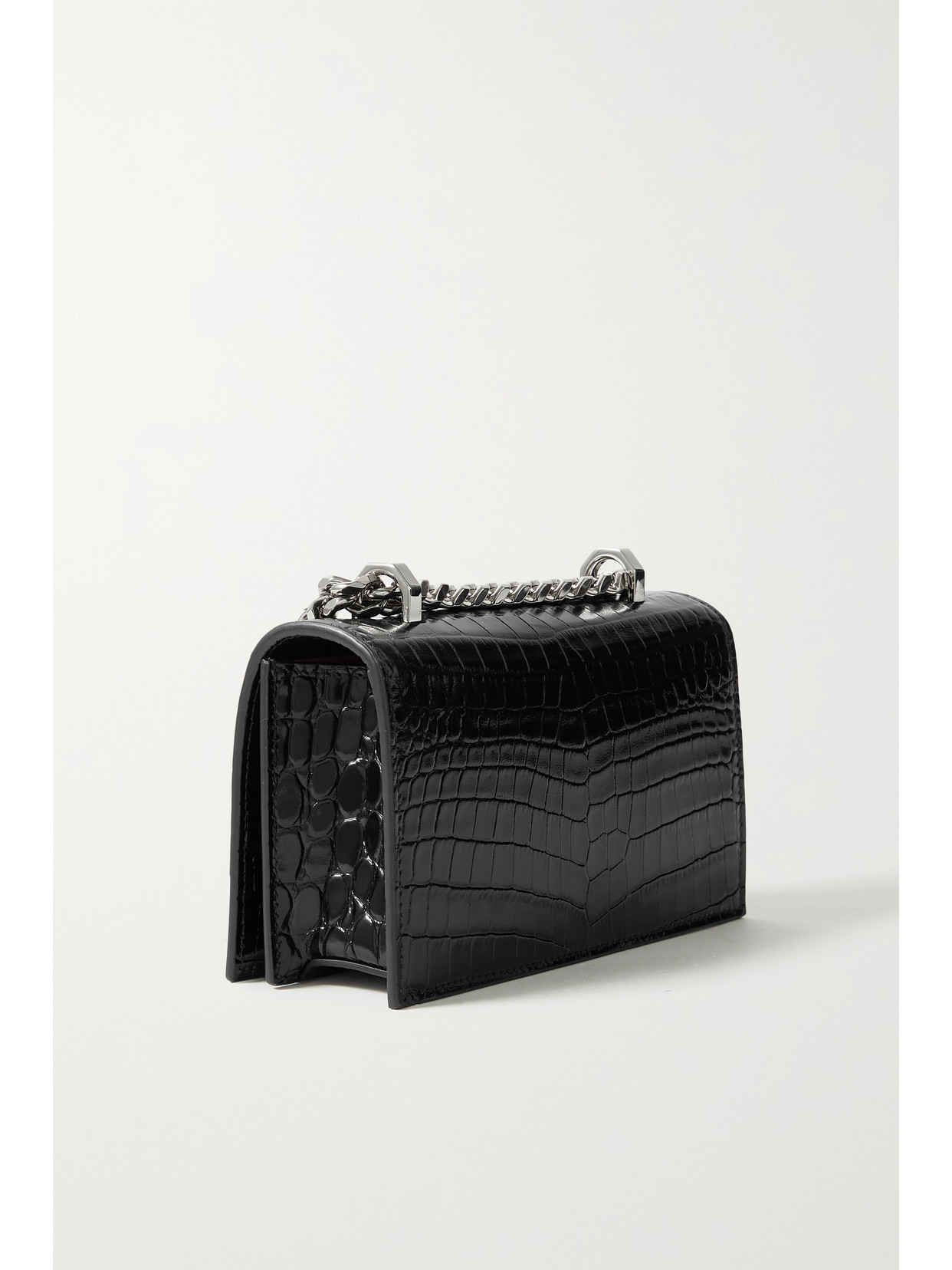 Shop Alexander Mcqueen Jewelled Satchel Embellished Croc-effect Leather Shoulder Bag In Black